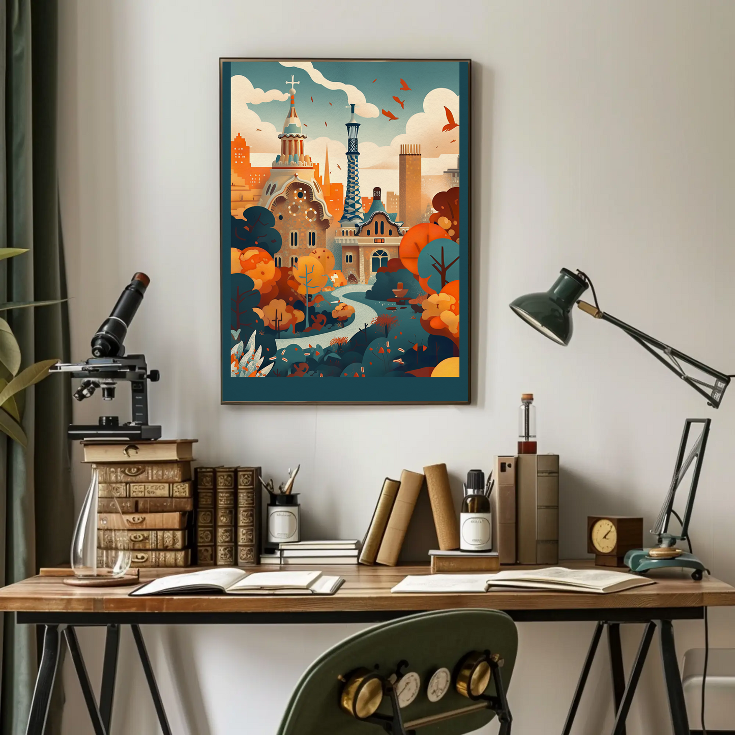 Barcelona Park Guell Surreal Skyline Travel Poster