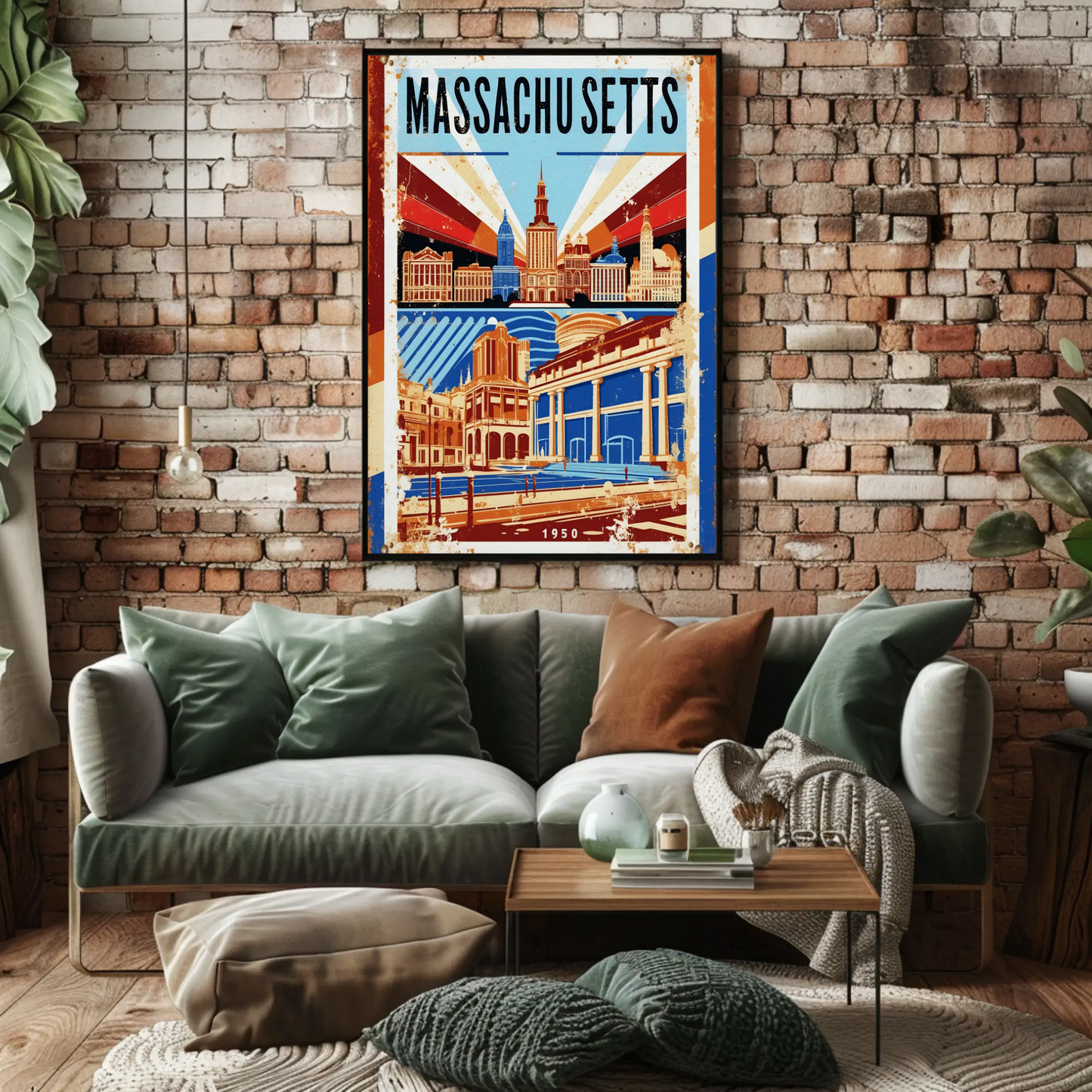 Massachusetts USA 1950 Capitol Skyline Vintage Travel Poster