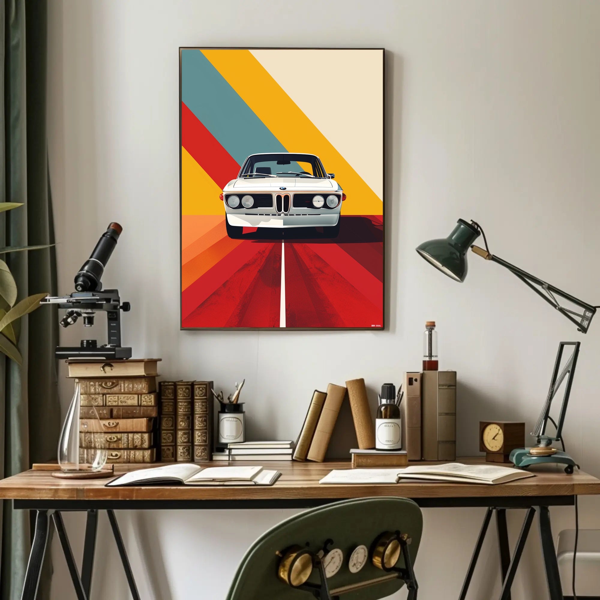 Classic White Car Adventure Vibrant Abstract or Artistic Poster PosterGoat