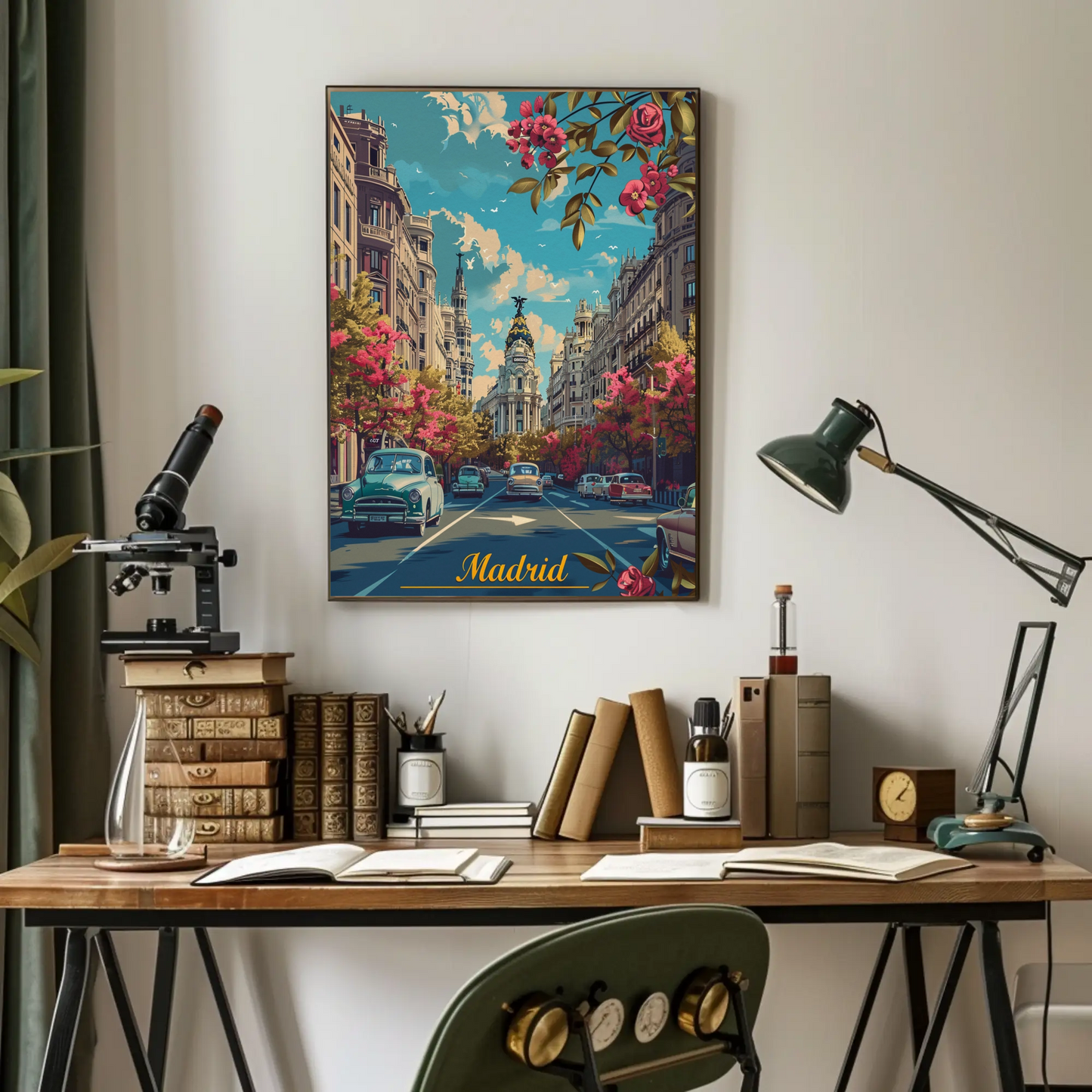 Madrid Spring Streetscape Flowers Cars Classic Travel Poster