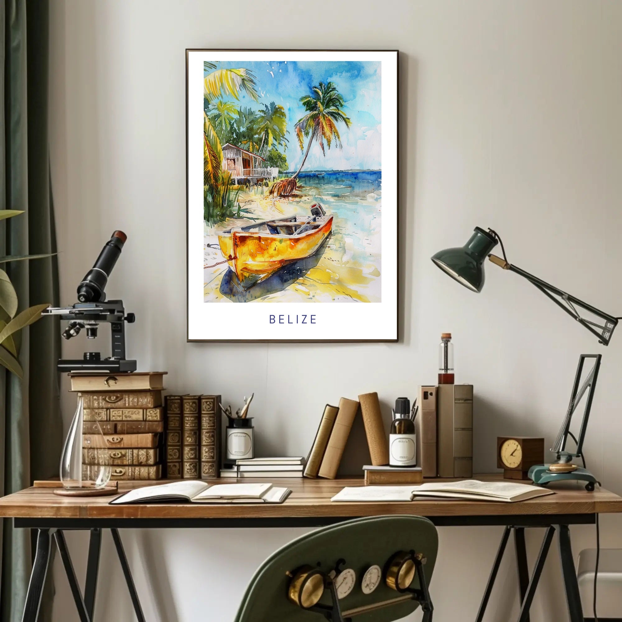 Serene Belize Beach Scene Watercolor Travel Poster PosterGoat