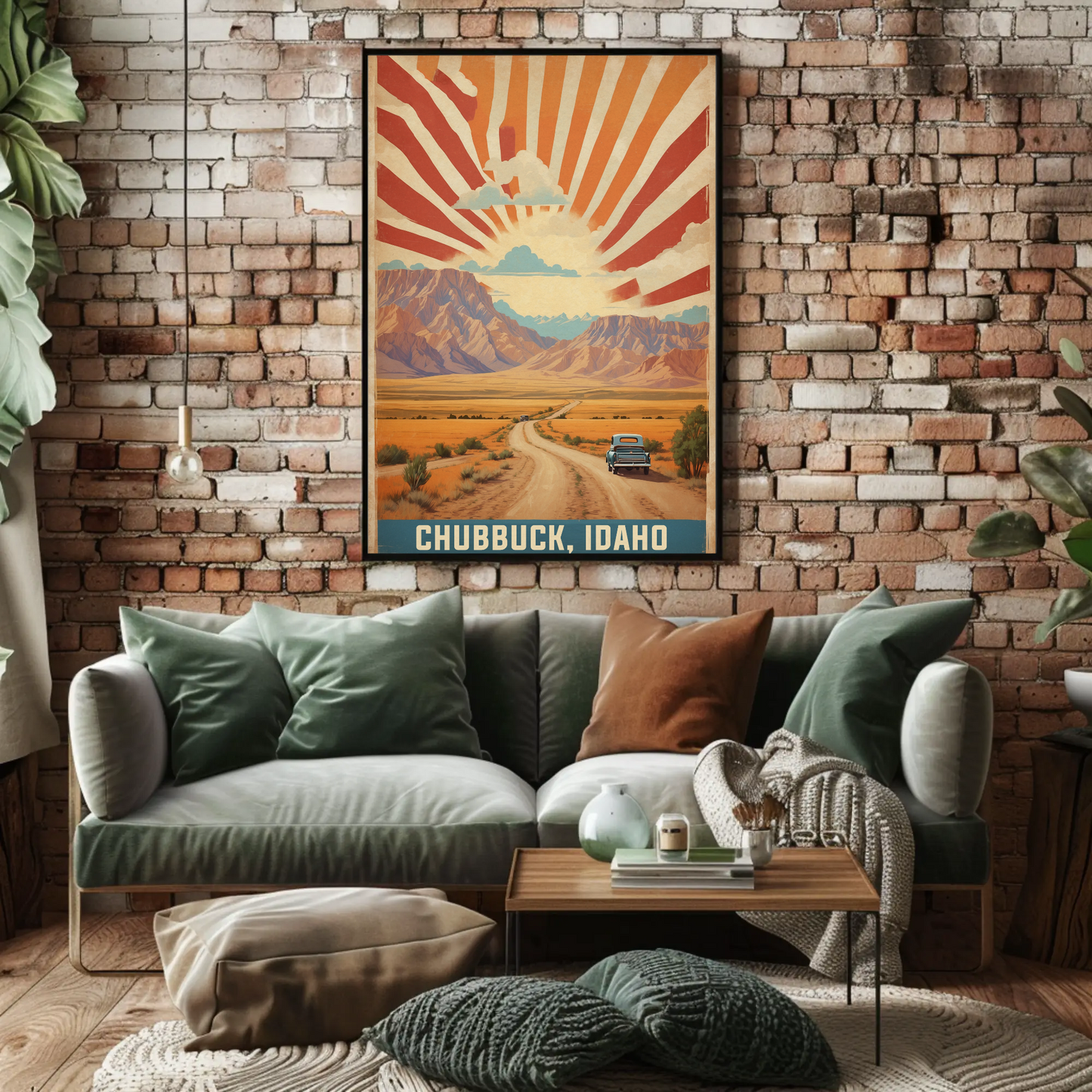 Chubbuck Idaho Sunset Road Desert Mountains Vintage Travel Poster