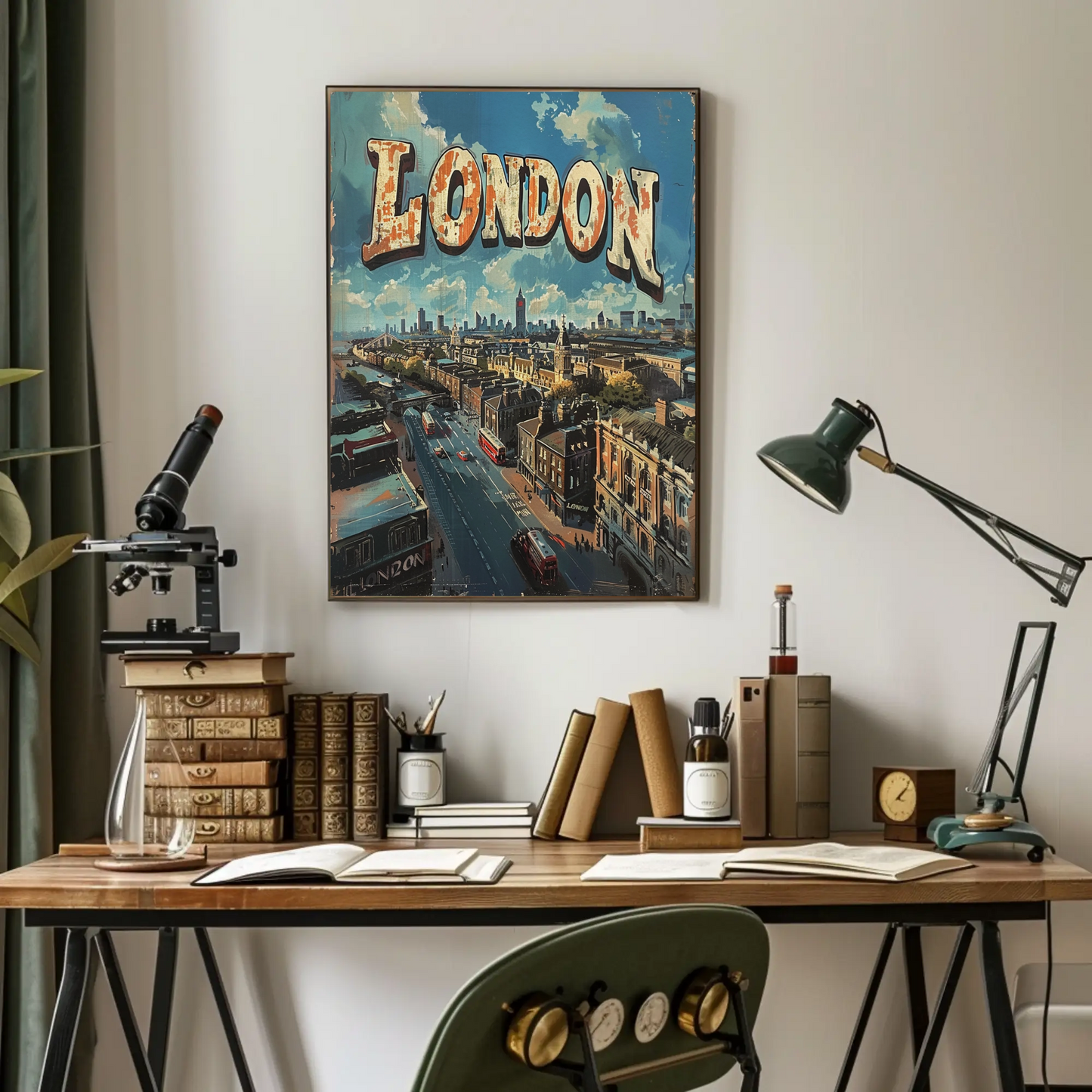 London Rooftop Cityscape Red Bus Skyline Travel Poster