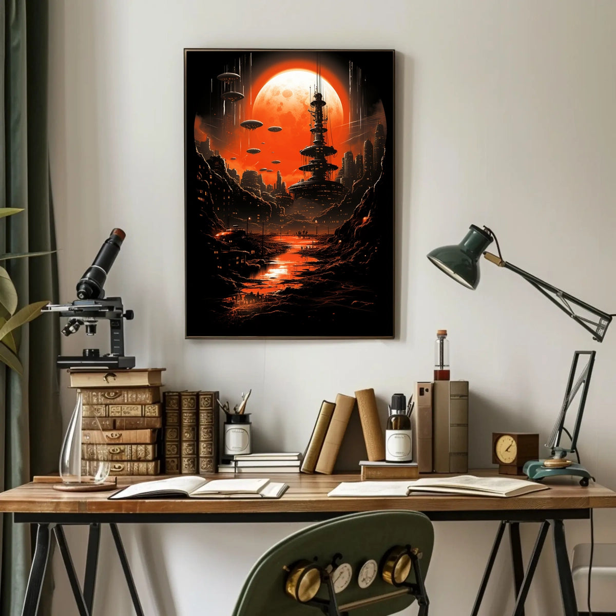 Futuristic Cityscape Under a Red Moon Poster
