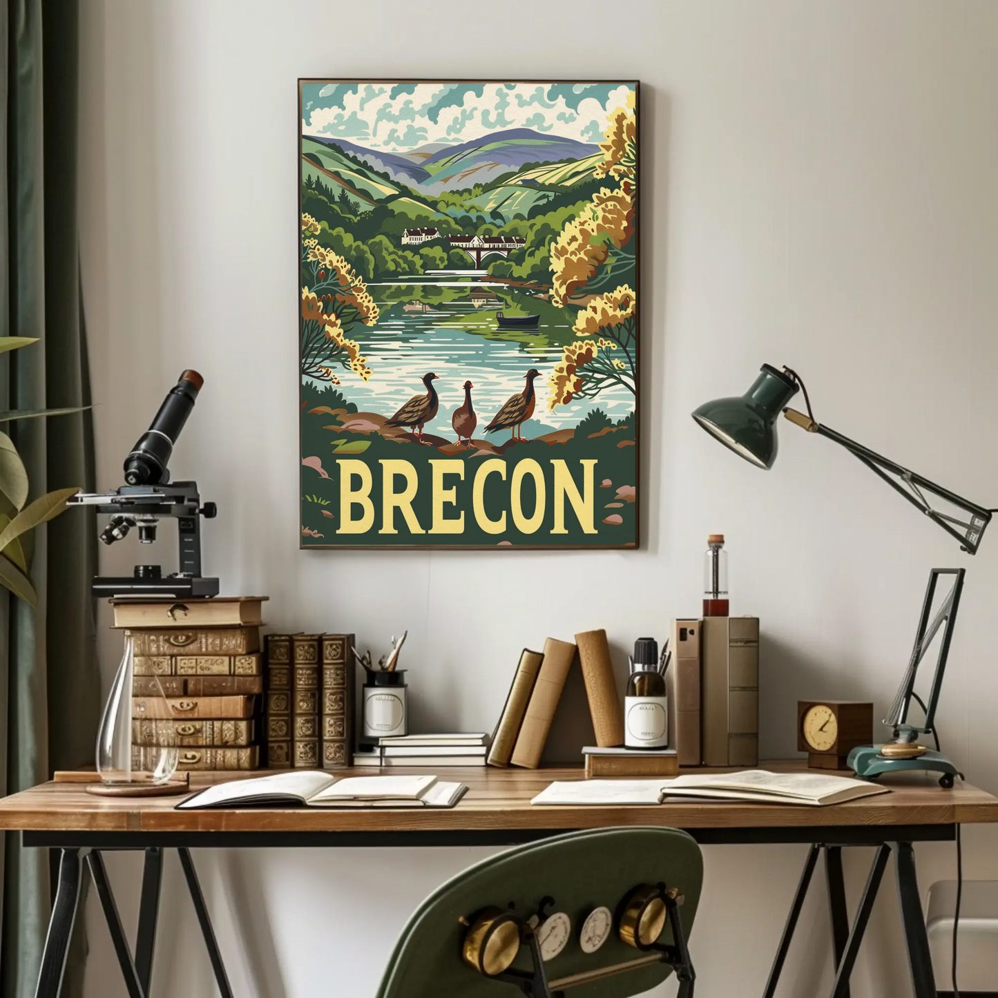 Brecon River Ducks Village Hillside Travel Poster