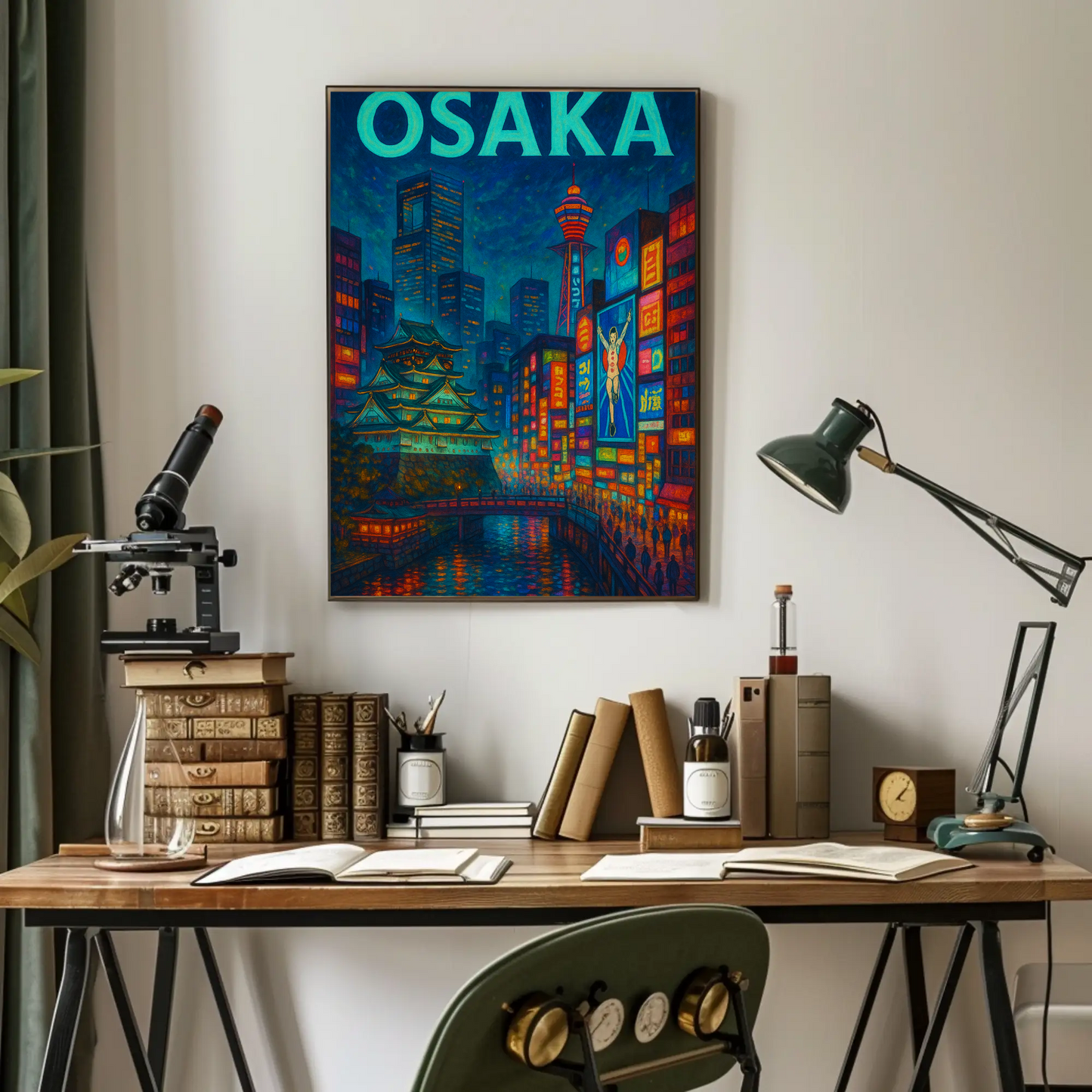 Osaka Neon and Castle Night Travel Poster