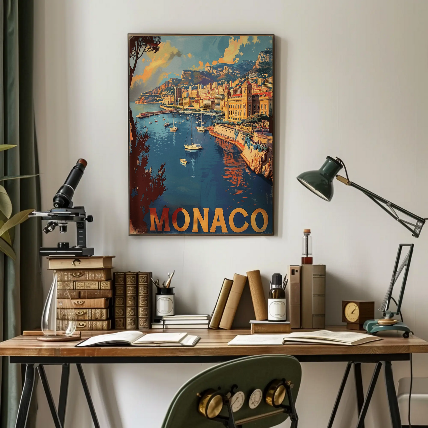 Monaco Mediterranean Coast Harbor Scene Retro Travel Poster