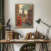 Vintage Cityscape with Red Telephone Booth Poster