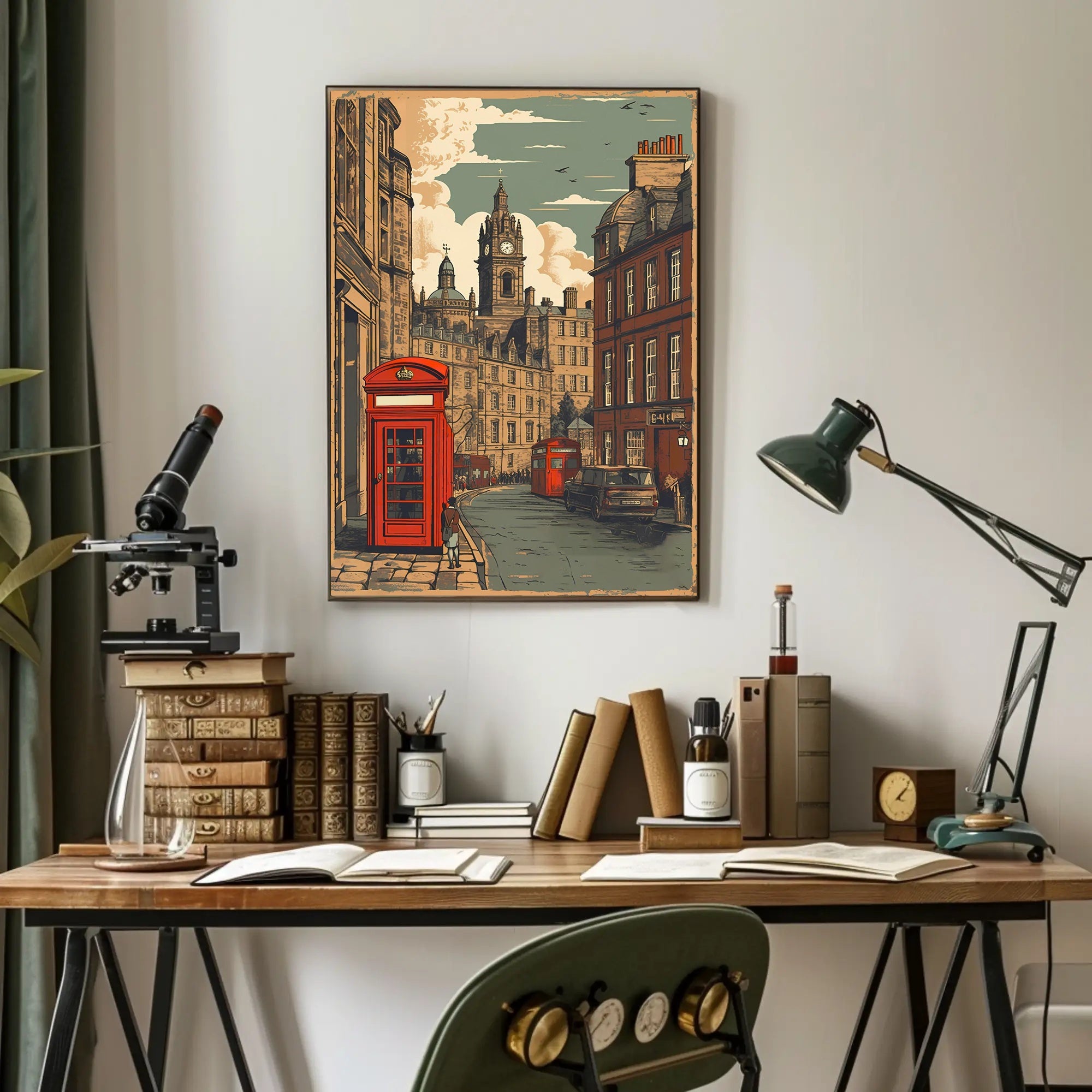 Vintage Cityscape with Red Telephone Booth Poster