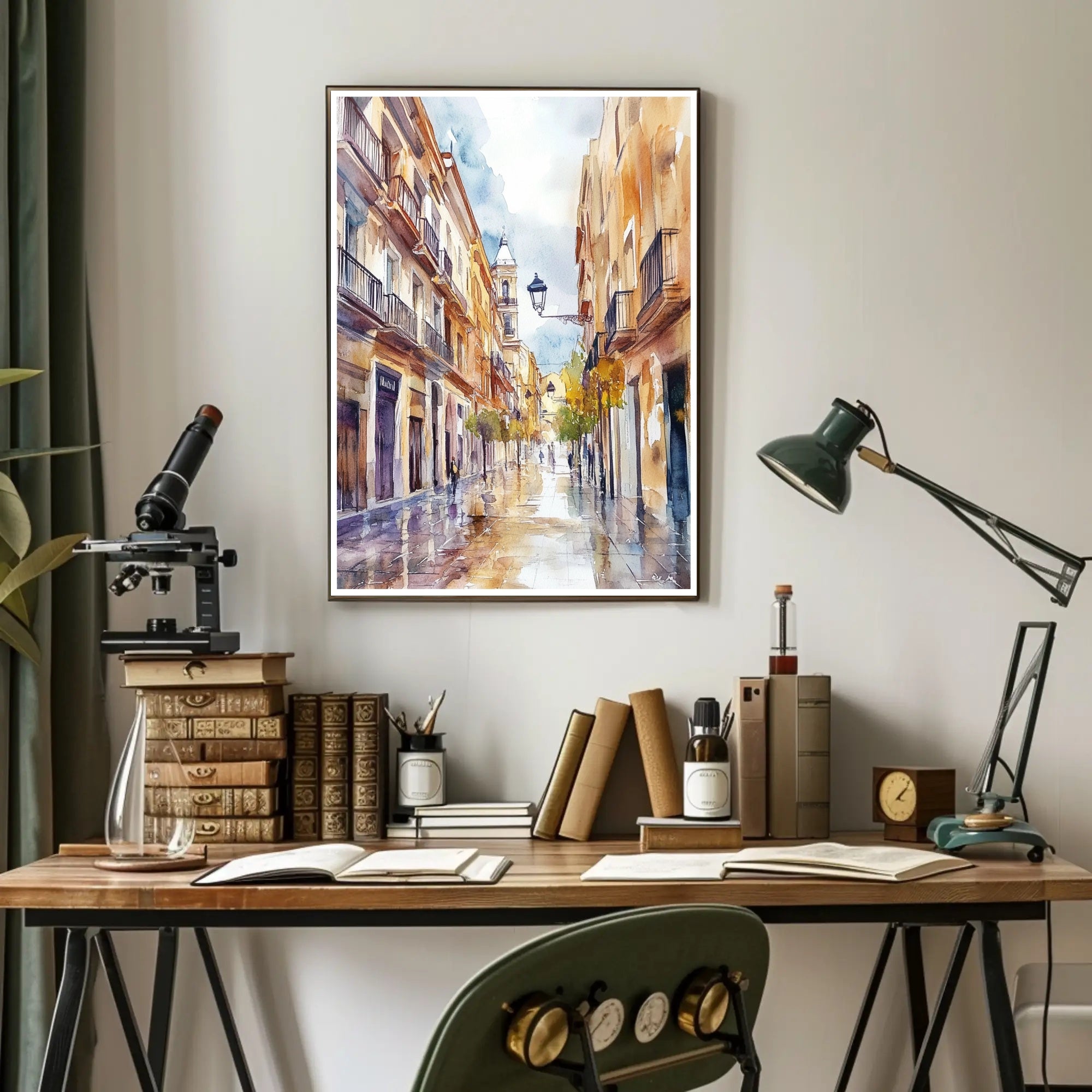 Serene Street in Watercolor Poster PosterGoat