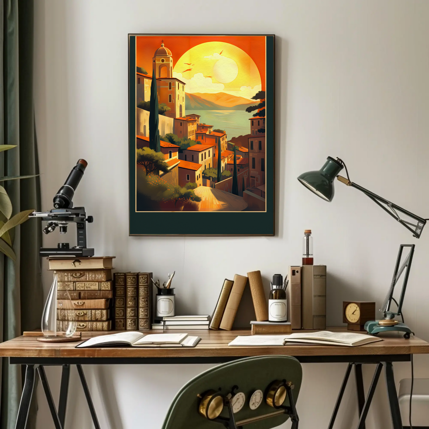 Sunset Over Mediterranean Village Coastline Travel Poster