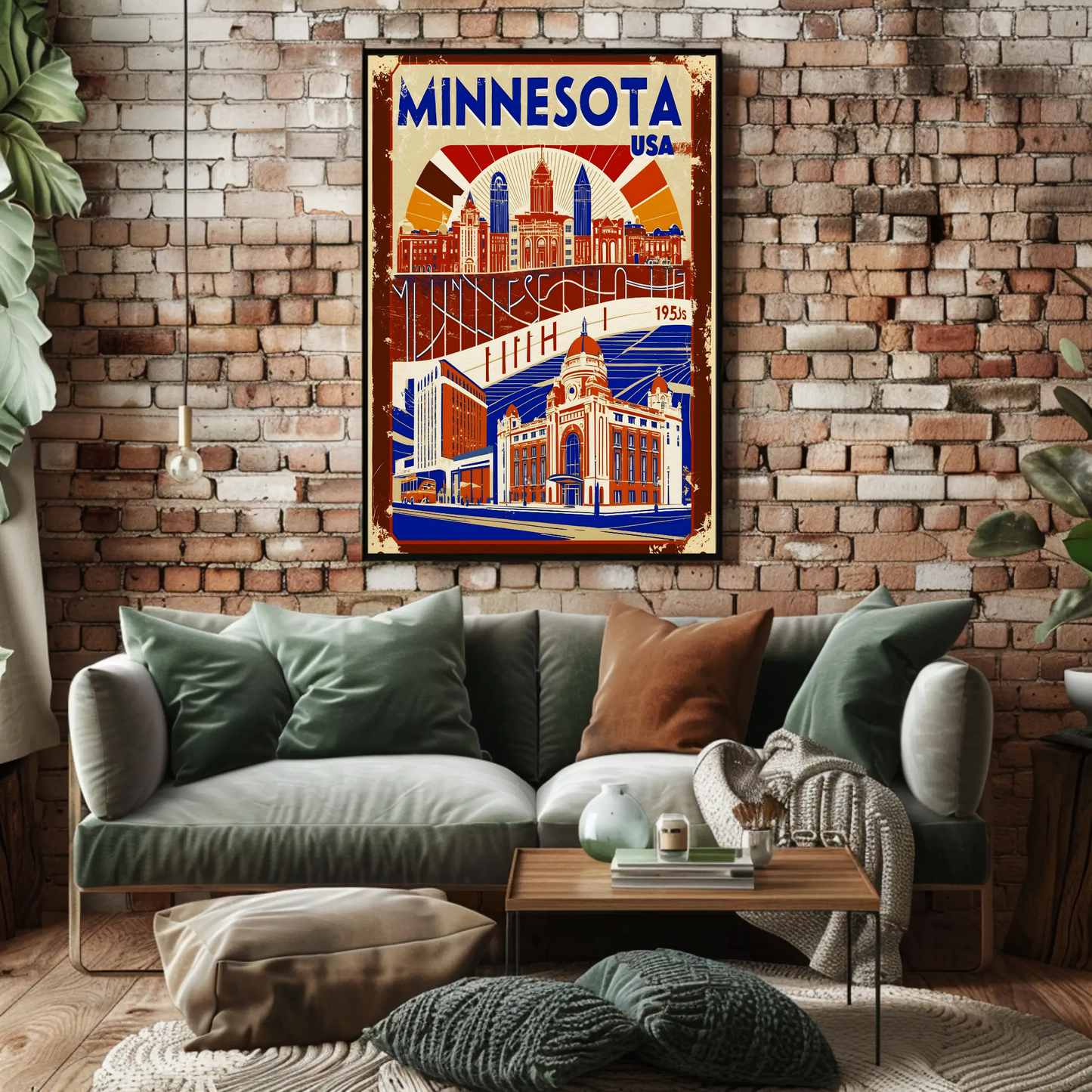 Minnesota USA 1950s Civic Skyline Vintage Travel Poster