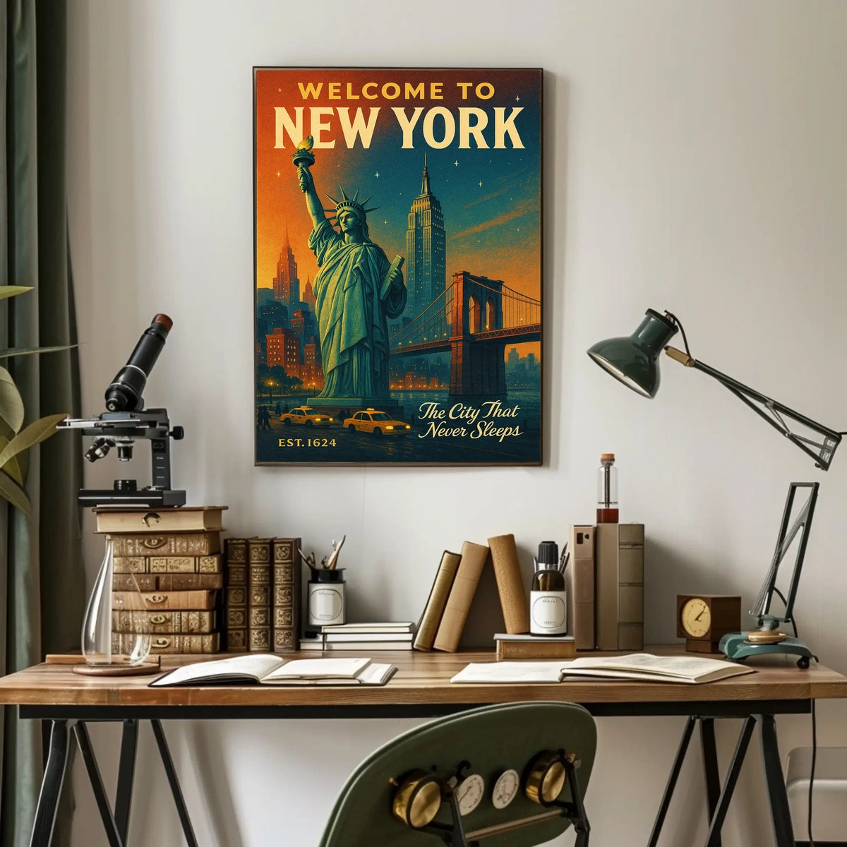 New York City Nightscape Urban Poster Vintage Wall Art