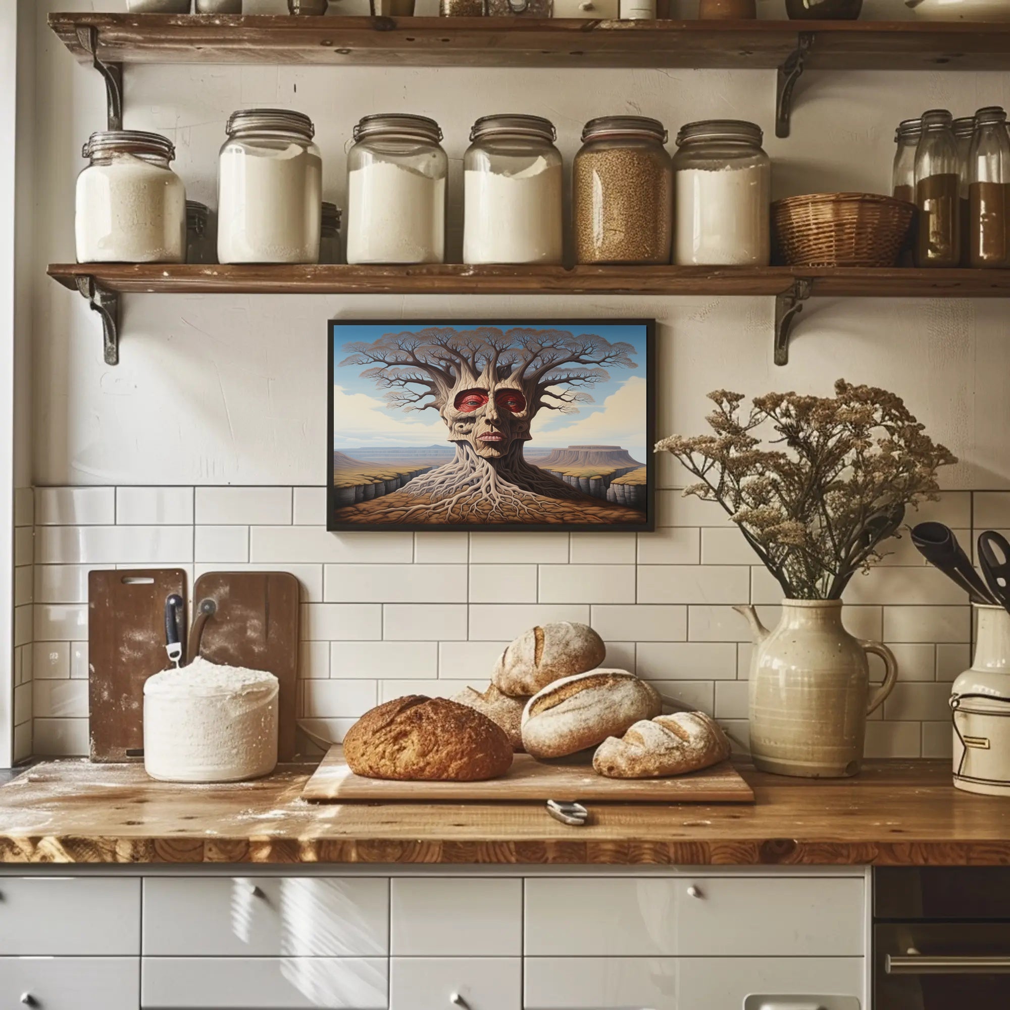 Surreal Tree Face in a Mystical Desert: Artistic Poster