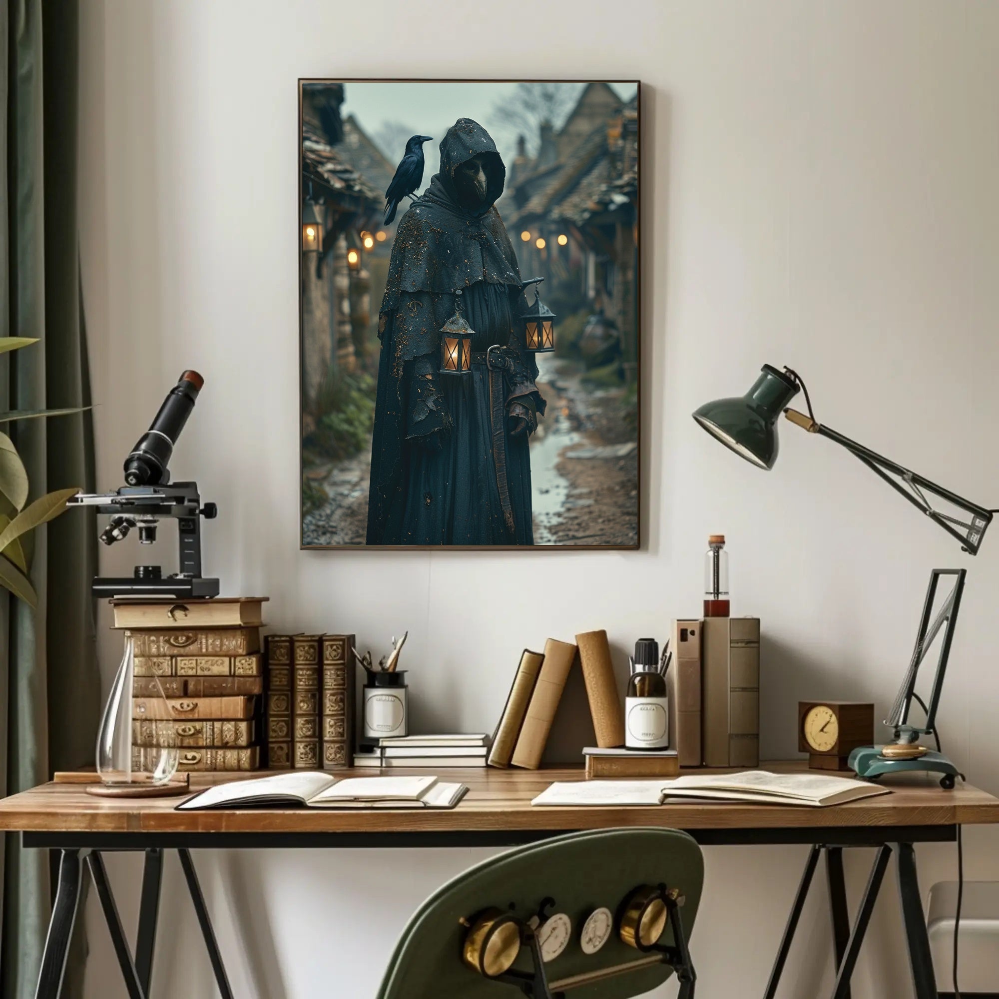 Mysterious Medieval Village Artwork with Plague Doctor Fantasy Poster PosterGoat