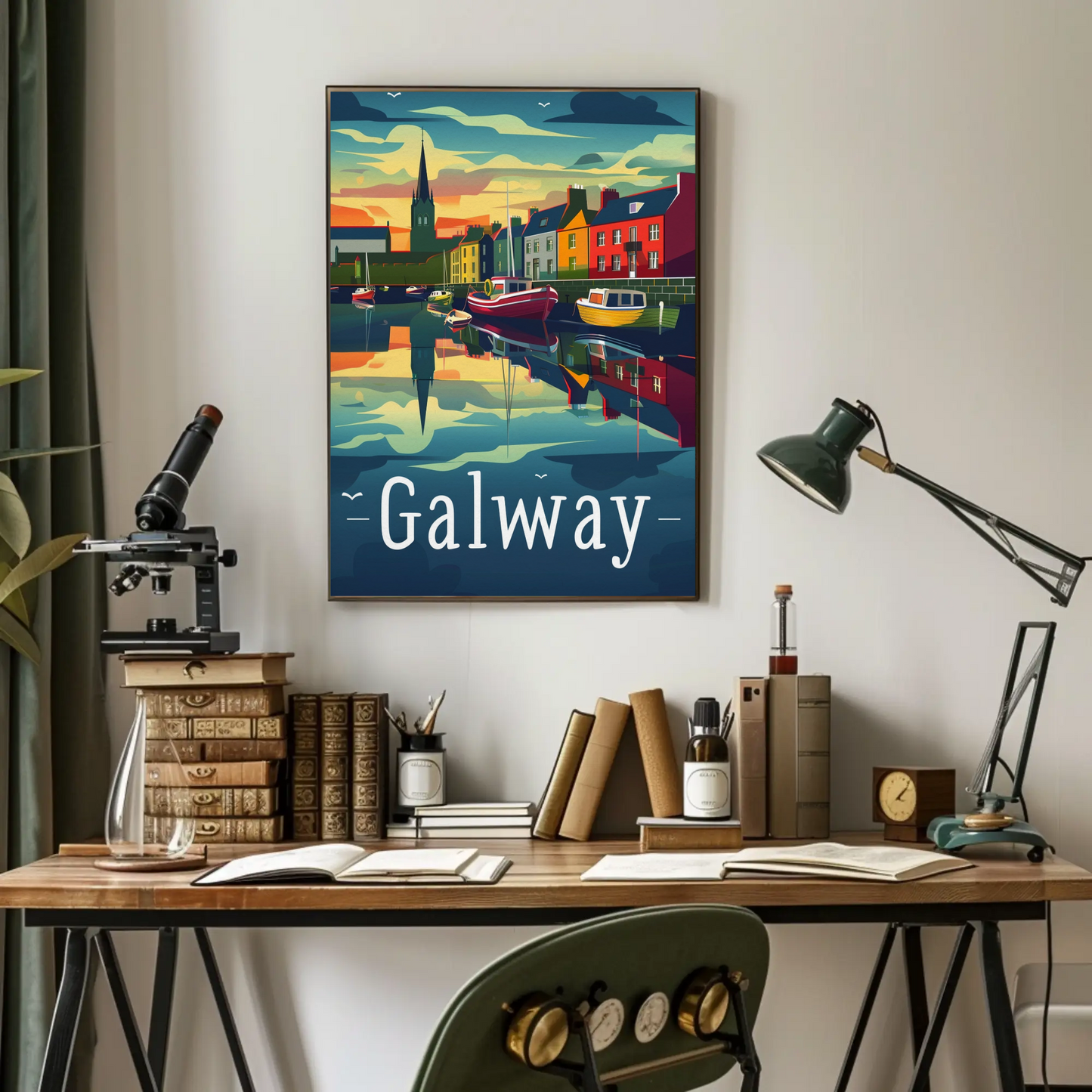 Evening Harbor Scene Galway Ireland Travel Poster
