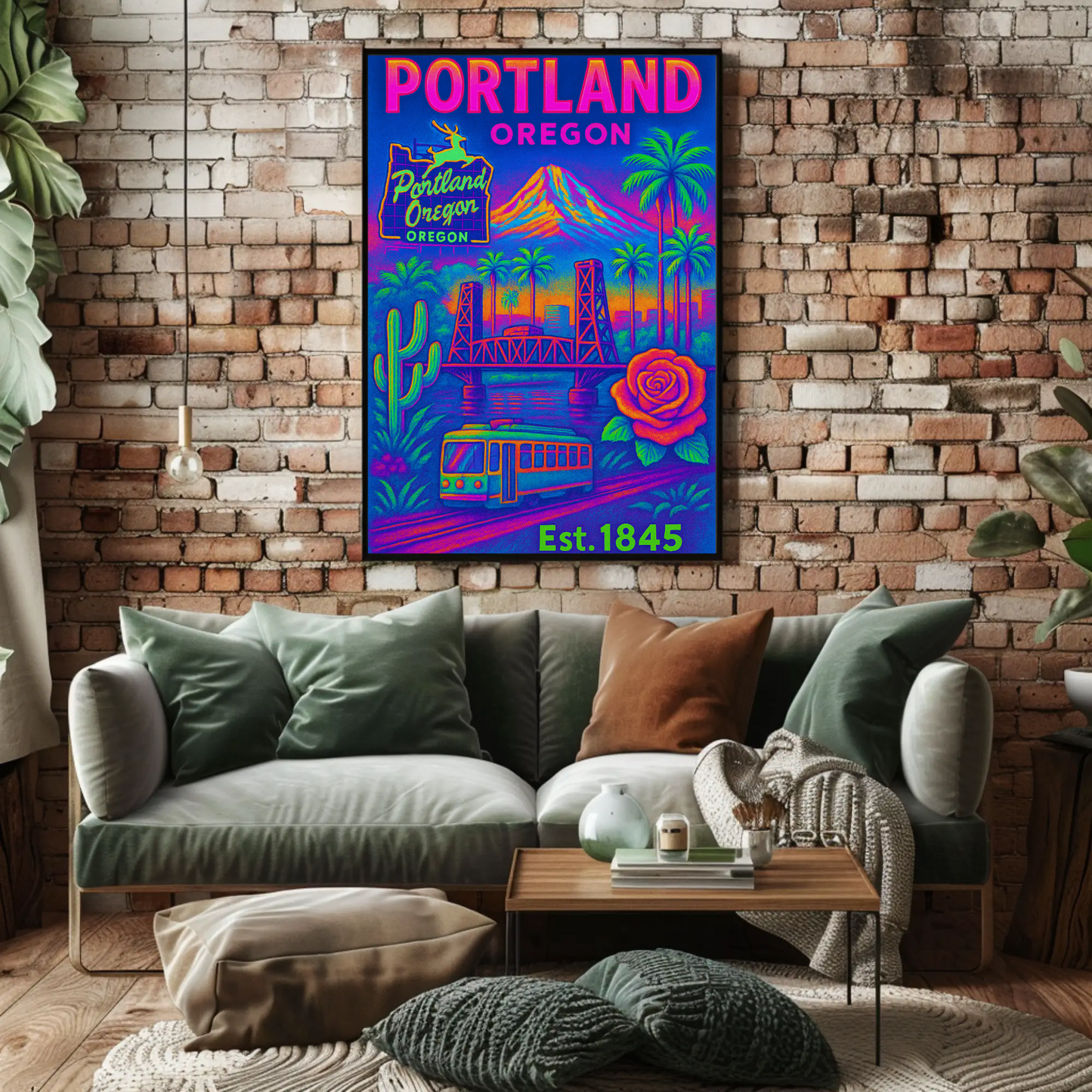 Portland Oregon Rose Bridge Mountain Vintage Travel Poster