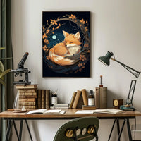 Moonlit Serenity Fox Autumn Leaves Digital Painting Poster