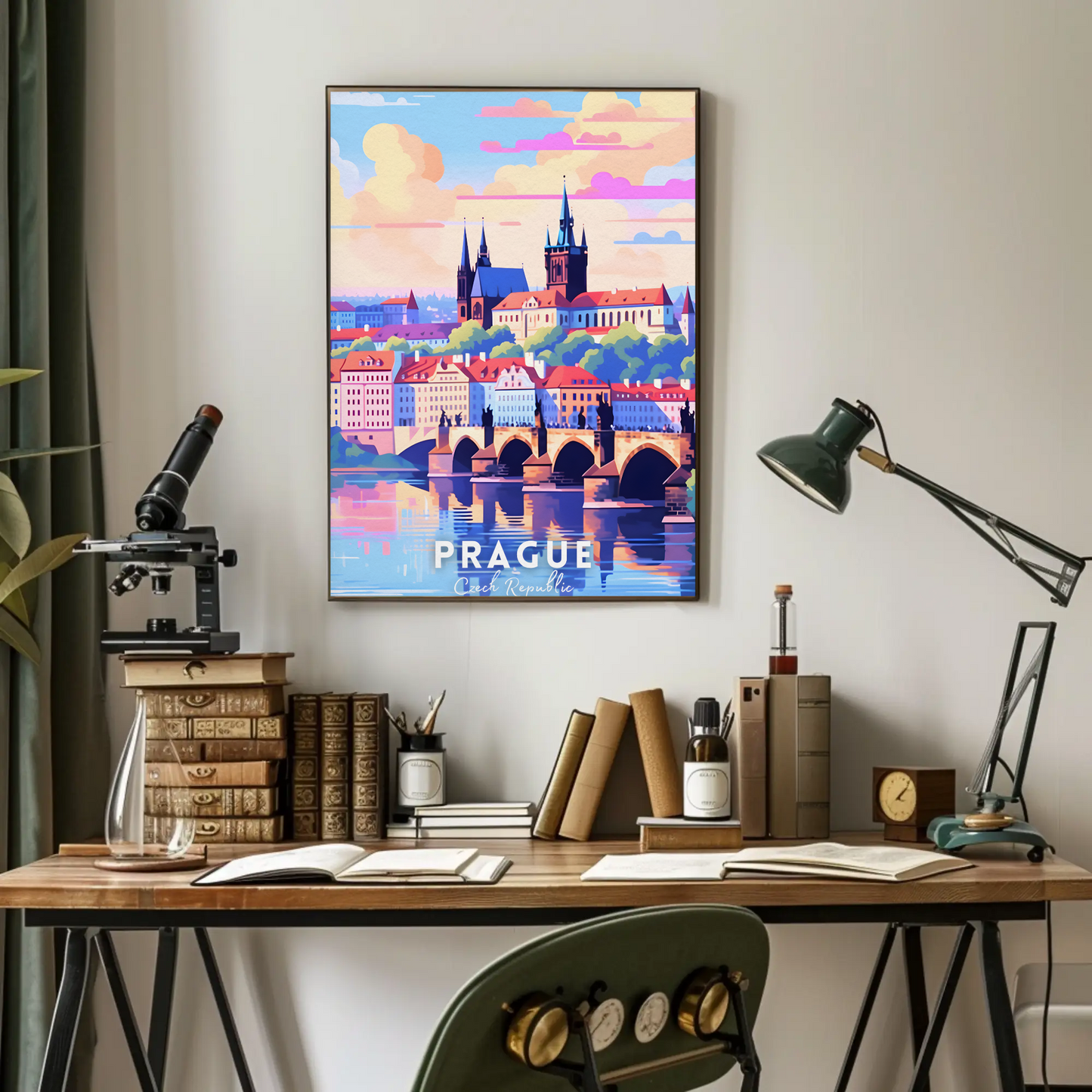 Prague City Bridge Sunset Travel Poster