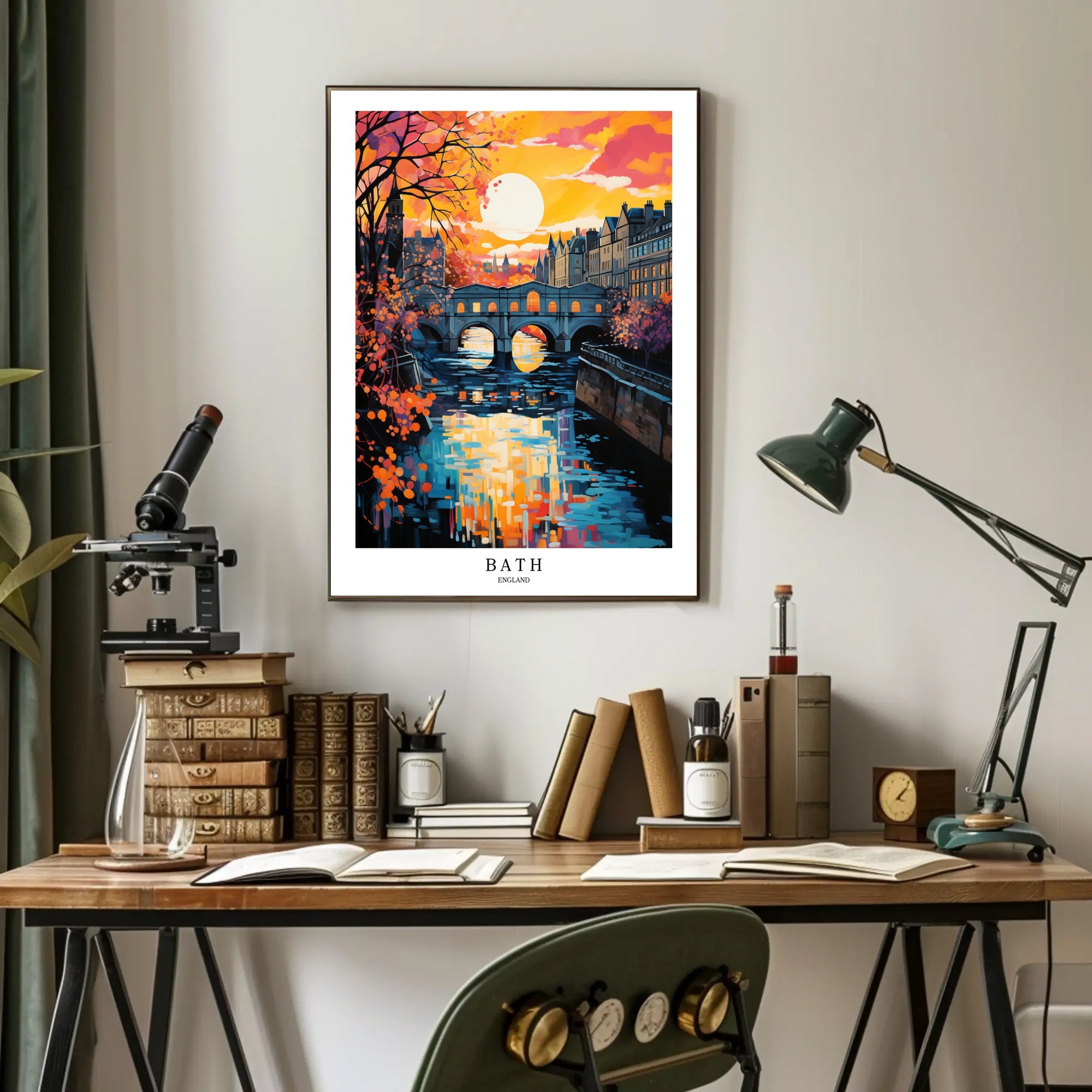 Bath River Bridge Sunset Scene Travel Poster PosterGoat