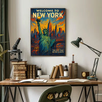New York Skyline Sunset Art Poster Vintage Wall Art