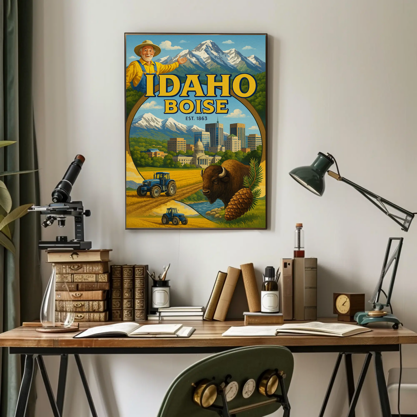 Boise Idaho Cityscape Buffalo Mountain Farm Travel Poster