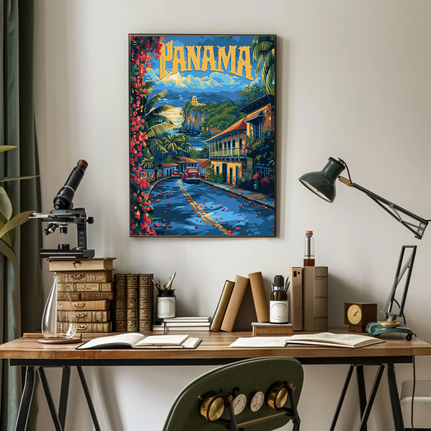 Panama Coastal Cliffs Village Retro Street View Travel Poster