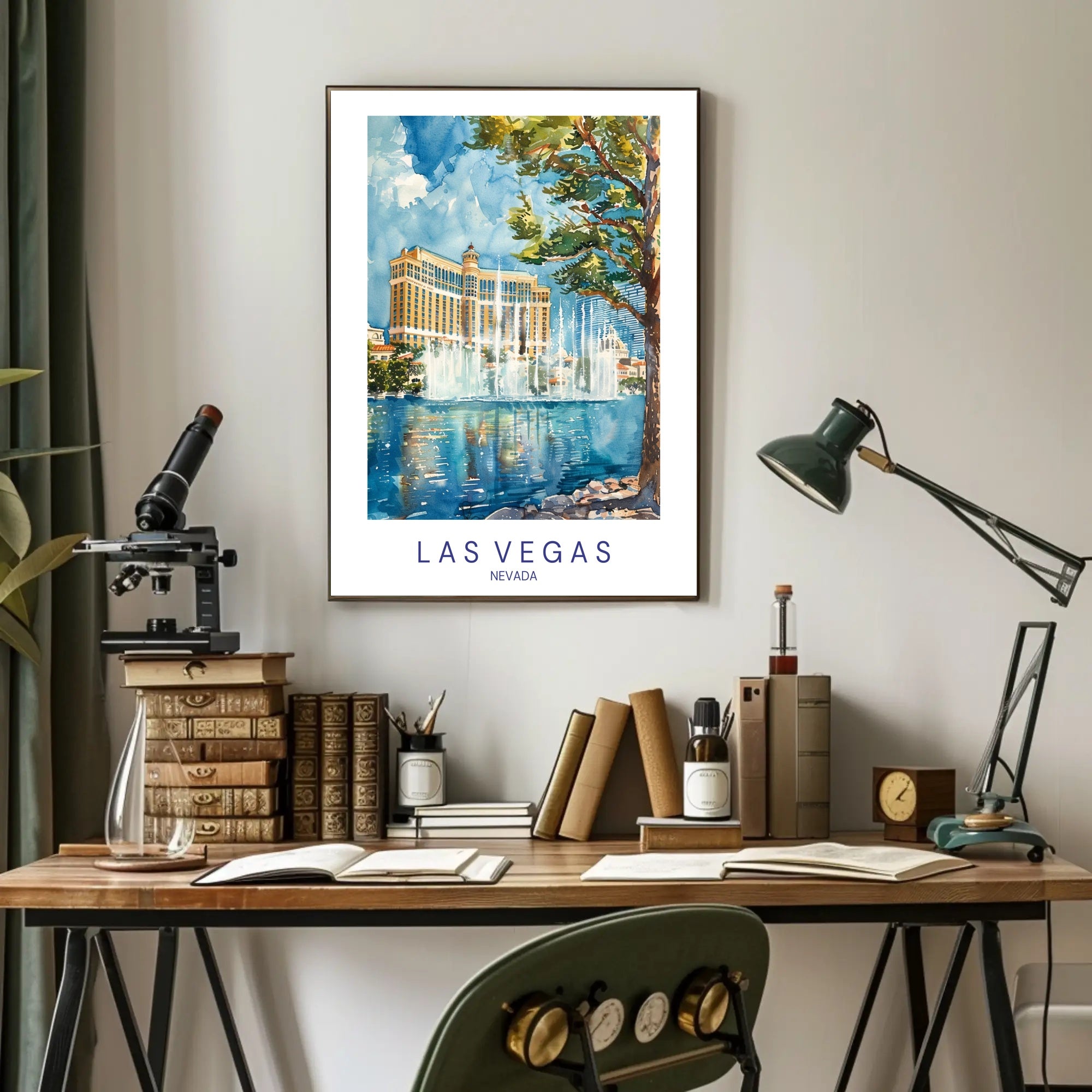 Vibrant Bellagio Watercolor Art: Las Vegas Travel Poster PosterGoat