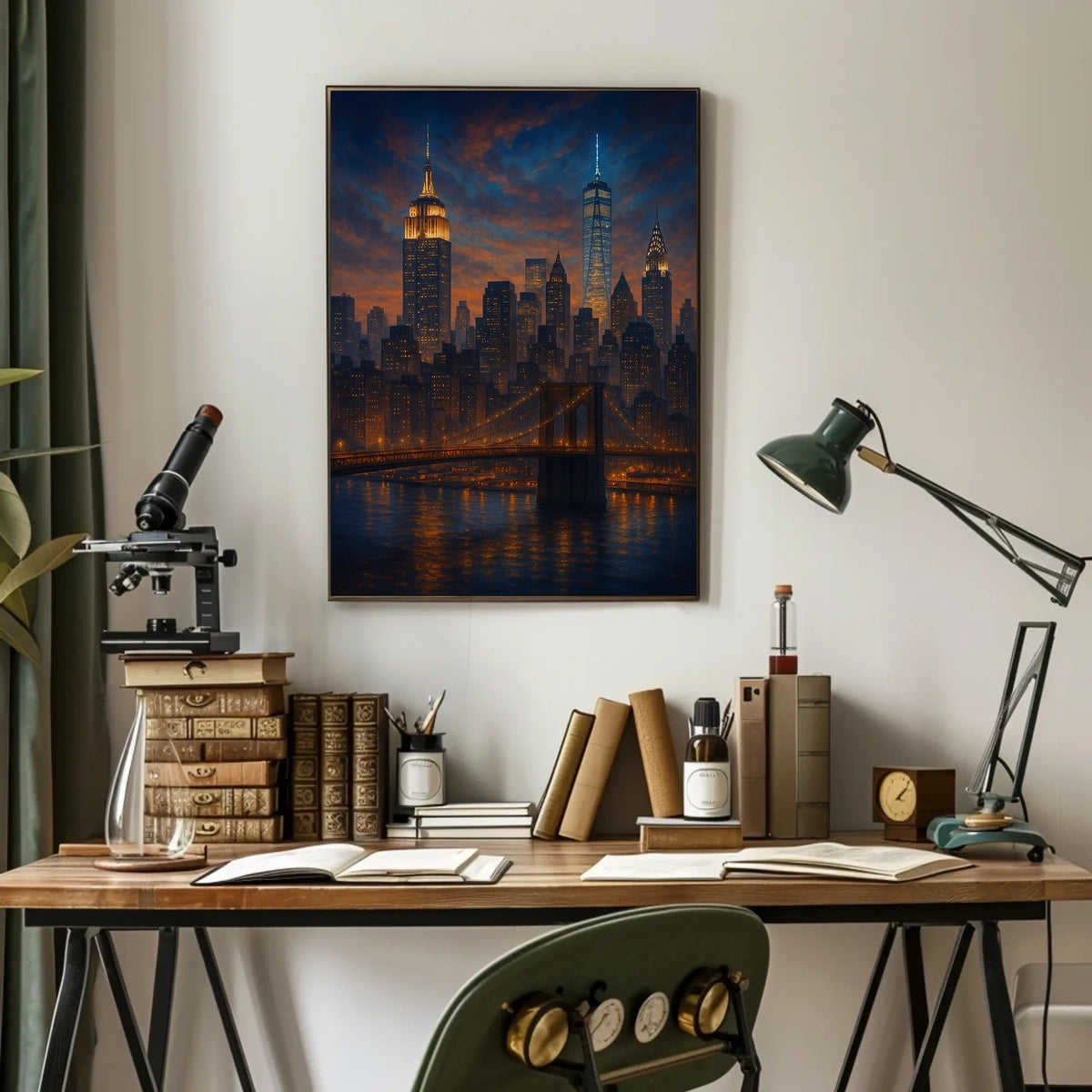 City Skyline at Dusk Over the River Poster Modern Wall Art