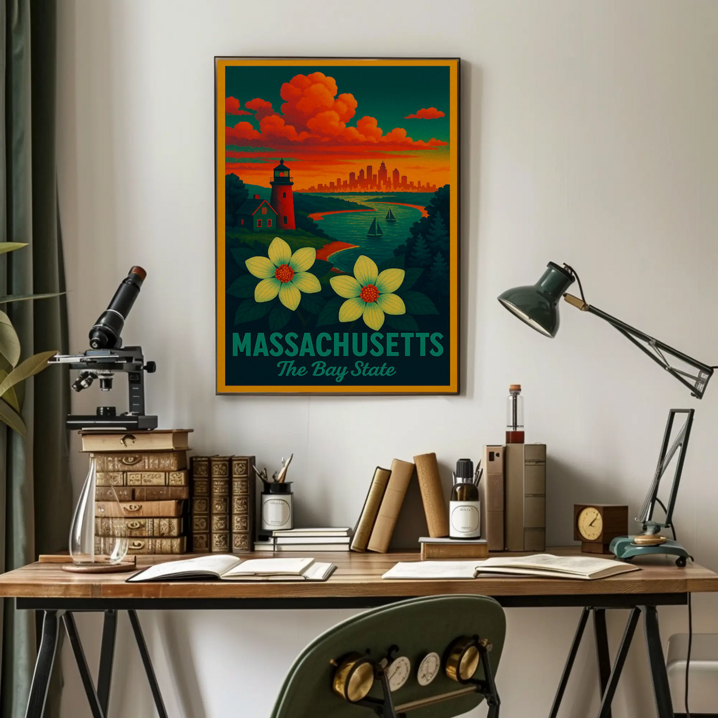 Massachusetts Bay State Sunset Lighthouse Flowers Poster
