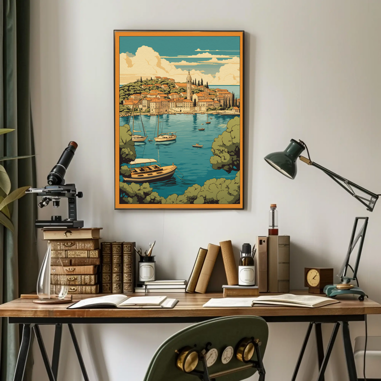 Coastal Mediterranean Village Boats Scenic Bay Travel Poster