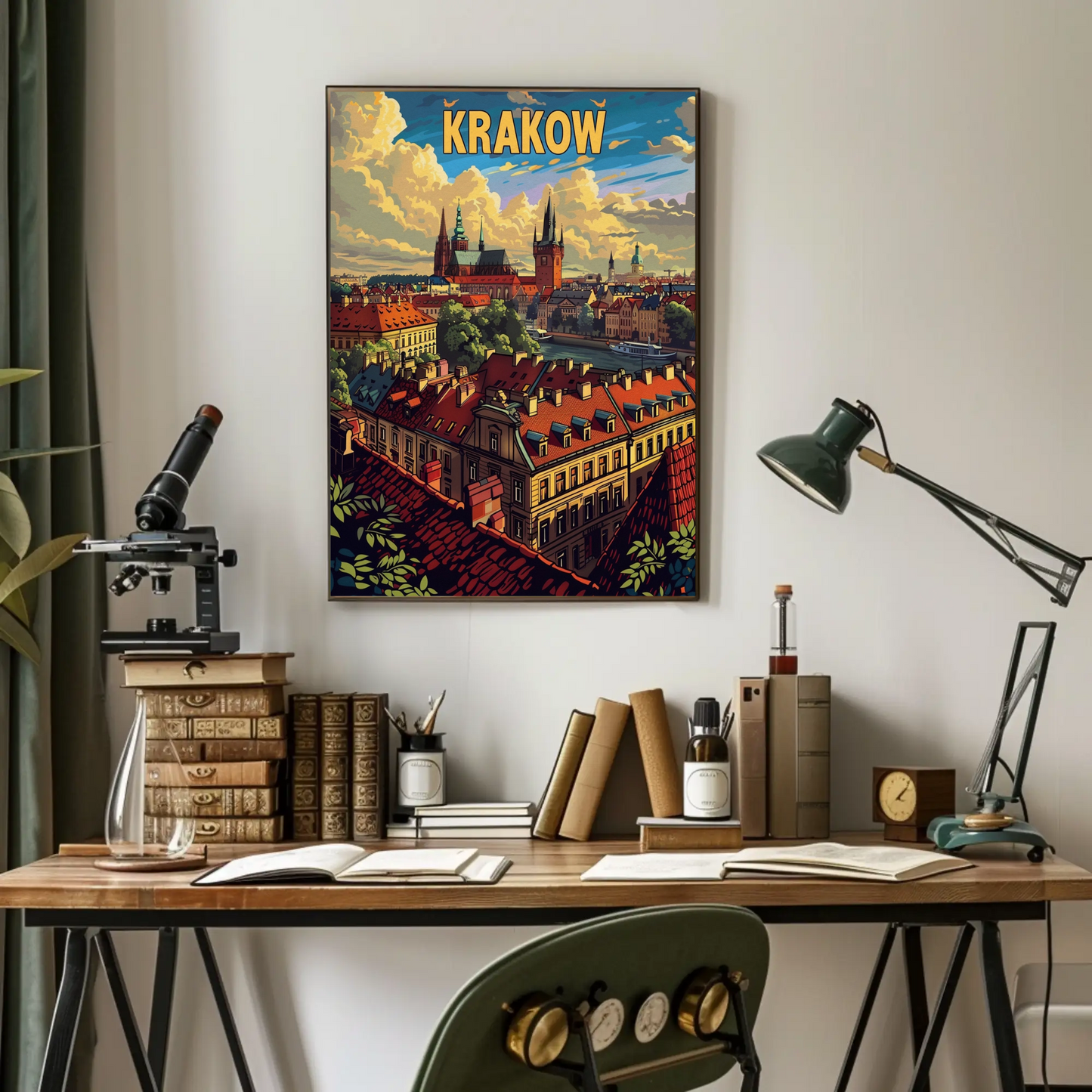 Evening Skyline Krakow Poland Travel Poster