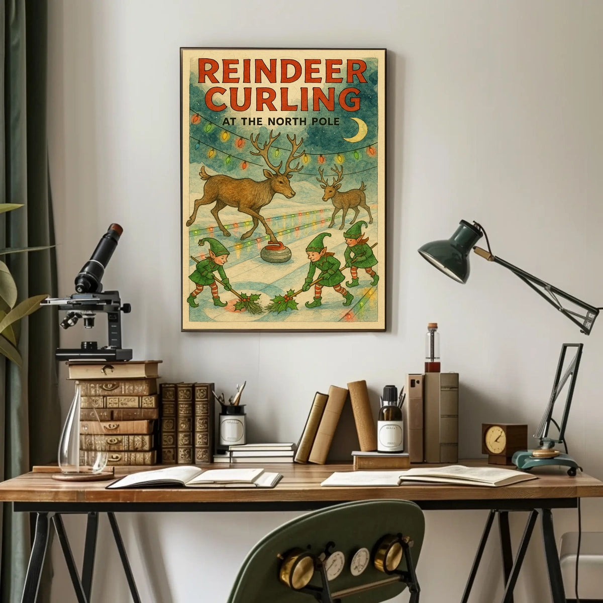 Reindeer Curling at the North Pole Poster