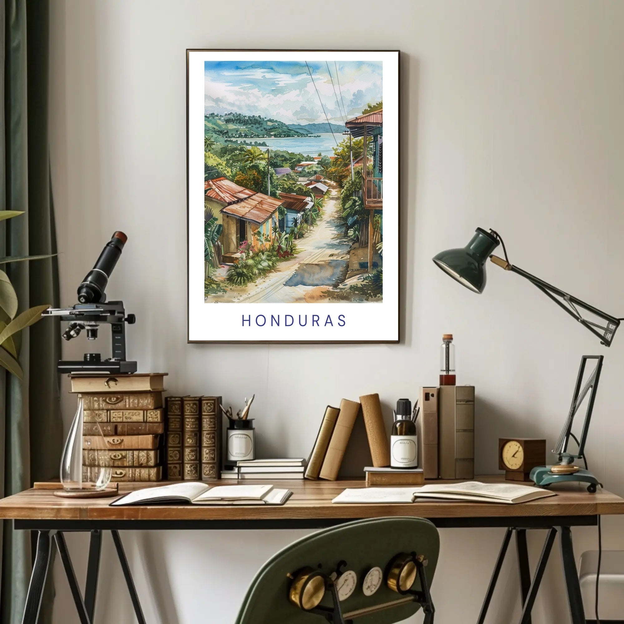 Scenic Honduran Village Watercolor Poster - Travel Poster PosterGoat