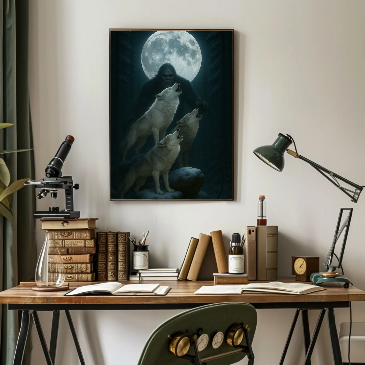 Bigfoot Howling Wolves Moonlit Forest Poster