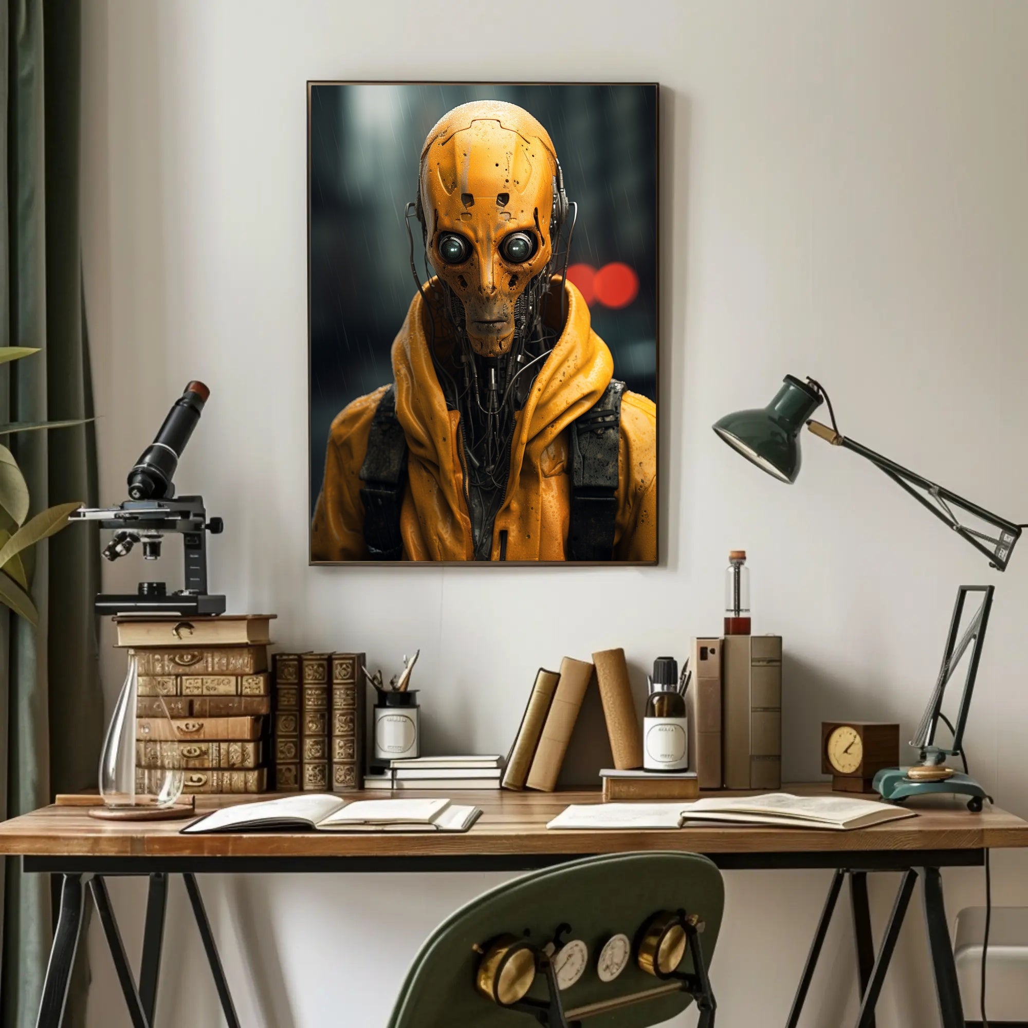 Cybernetic Sentinel In The Rain Poster PosterGoat