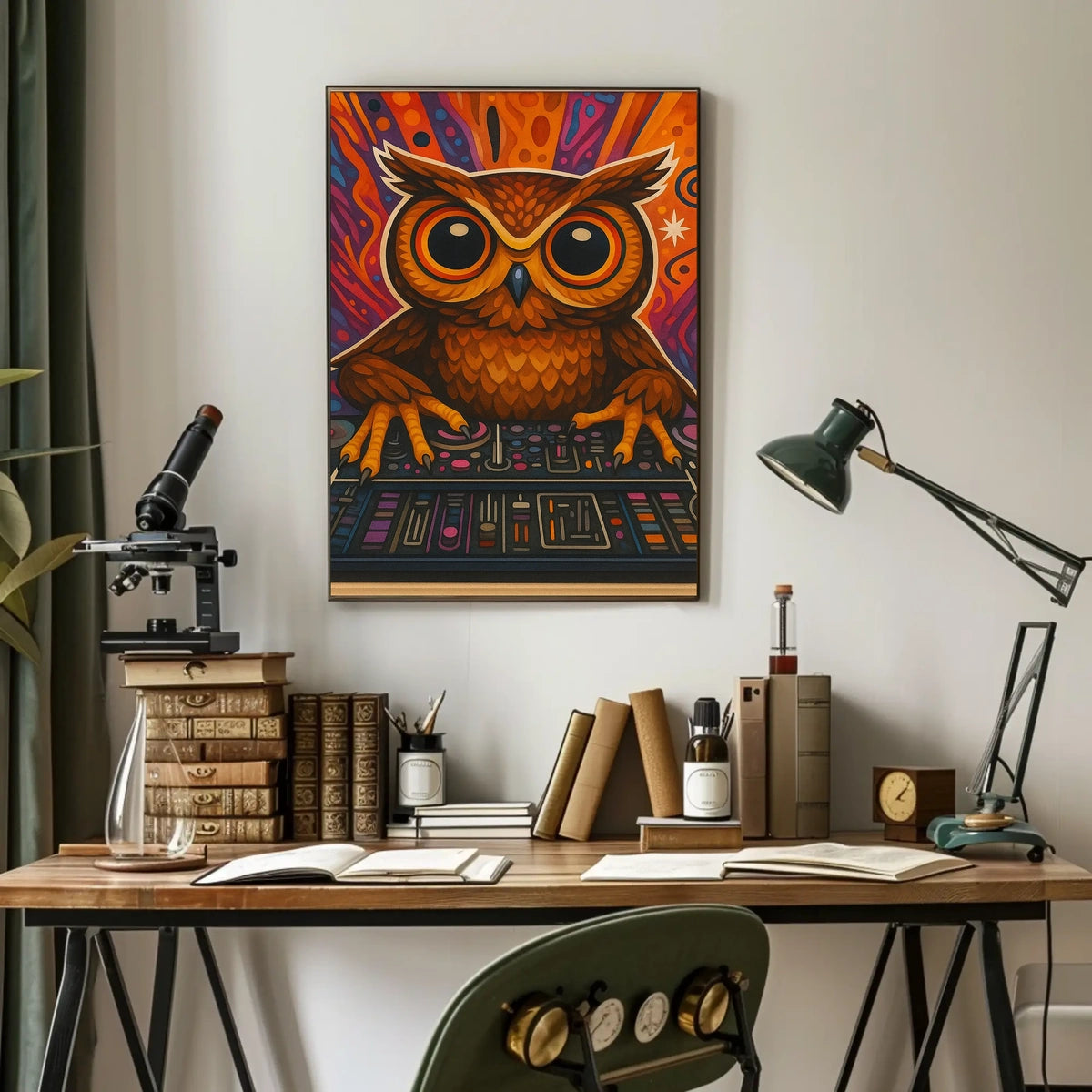 Stylized Owl DJing at Console Abstract Pop Culture Poster