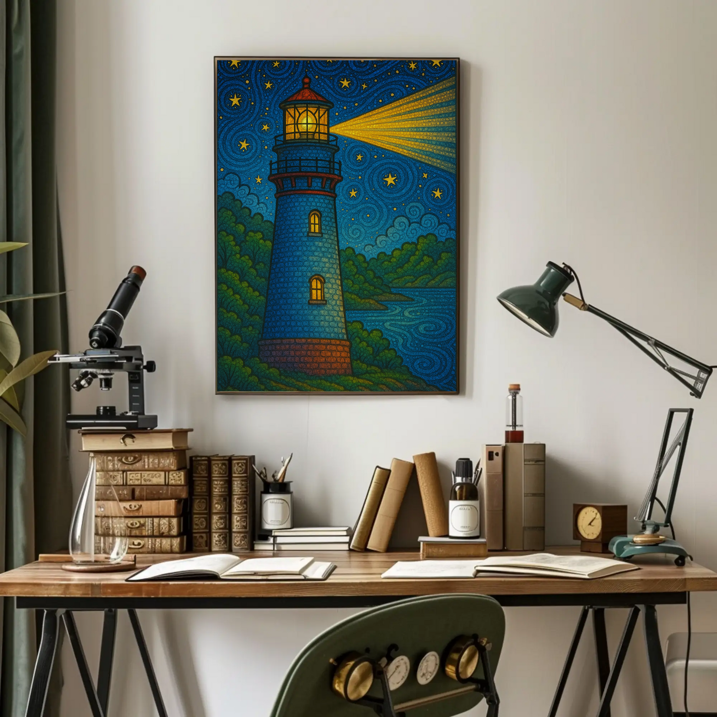 Lighthouse Night Stars Ocean Beacon Illustration Travel Poster