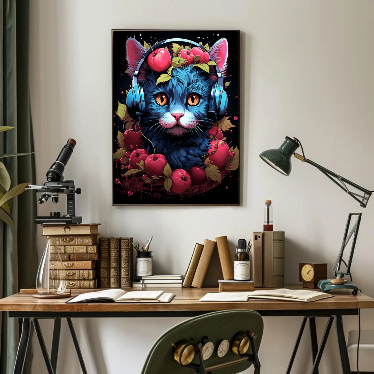 Cherries And Headphones Cat Poster
