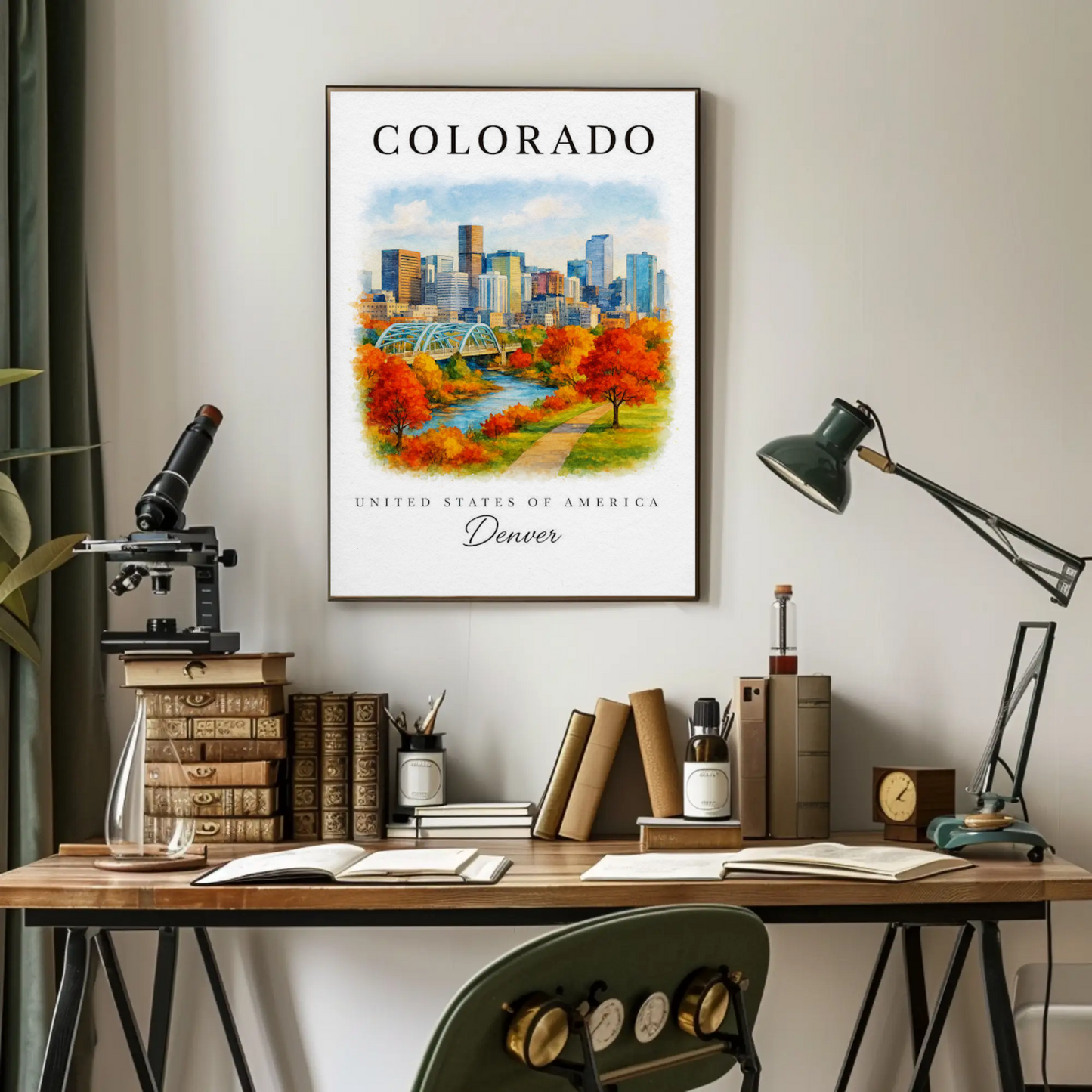 Denver Skyline Autumn Path River Travel Poster