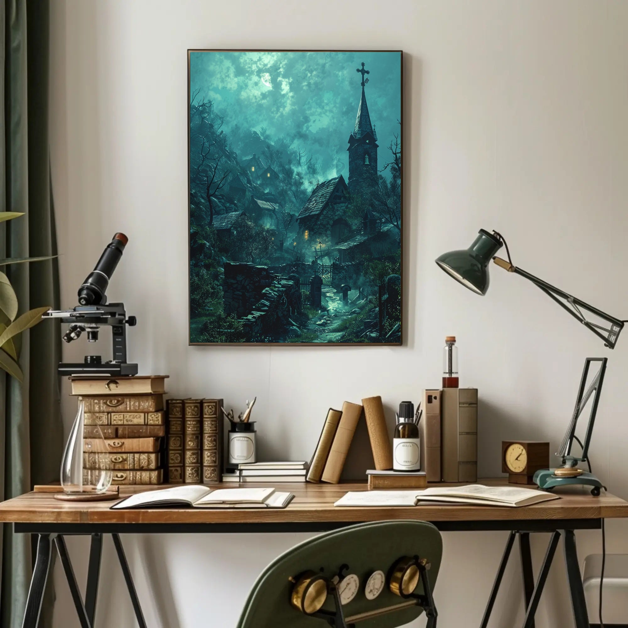 Mysterious Gothic Village Poster with Moonlit Atmosphere PosterGoat