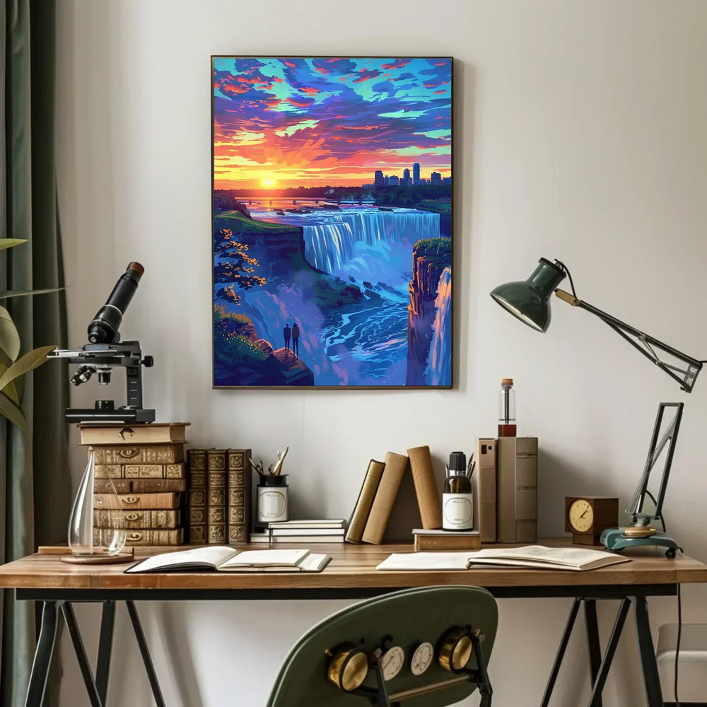 Majestic Waterfall Sunset with City Skyline Poster