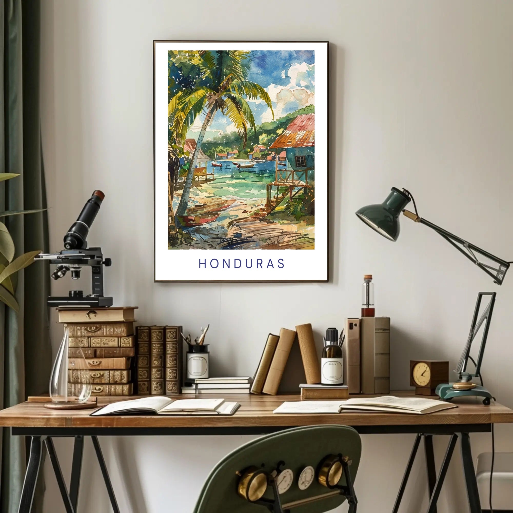Honduran Coastal Village Serene Watercolor Art Travel Poster PosterGoat