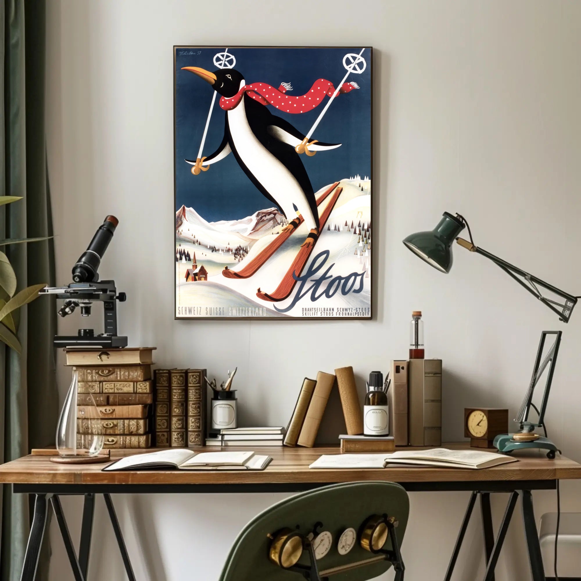 Whimsical Penguin Ski Adventure Travel Poster PosterGoat