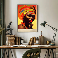 Vibrant Elegance: Woman with Colorful Headwrap and Bold Accessories Poster