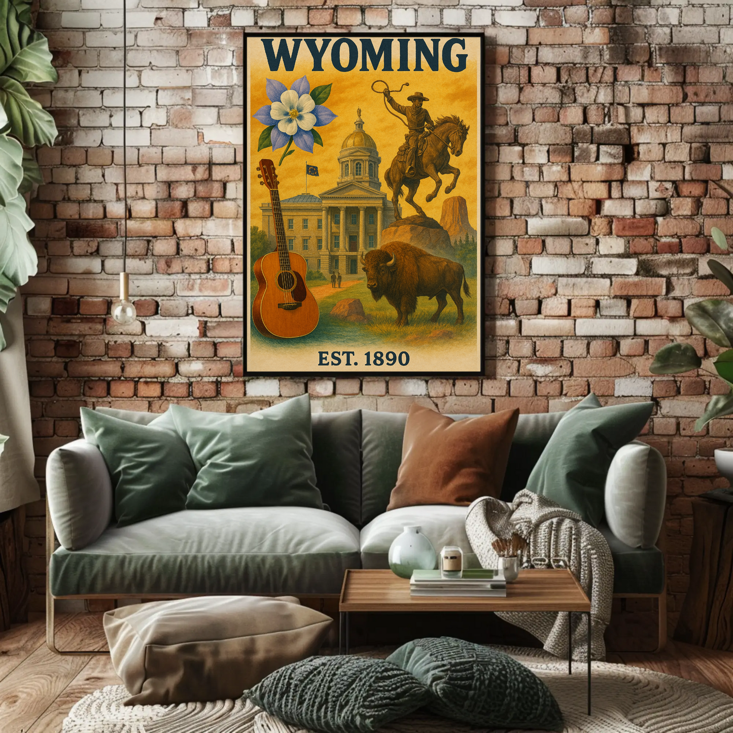 Wyoming Capitol Rodeo Guitar Bison Flower Vintage Travel Poster