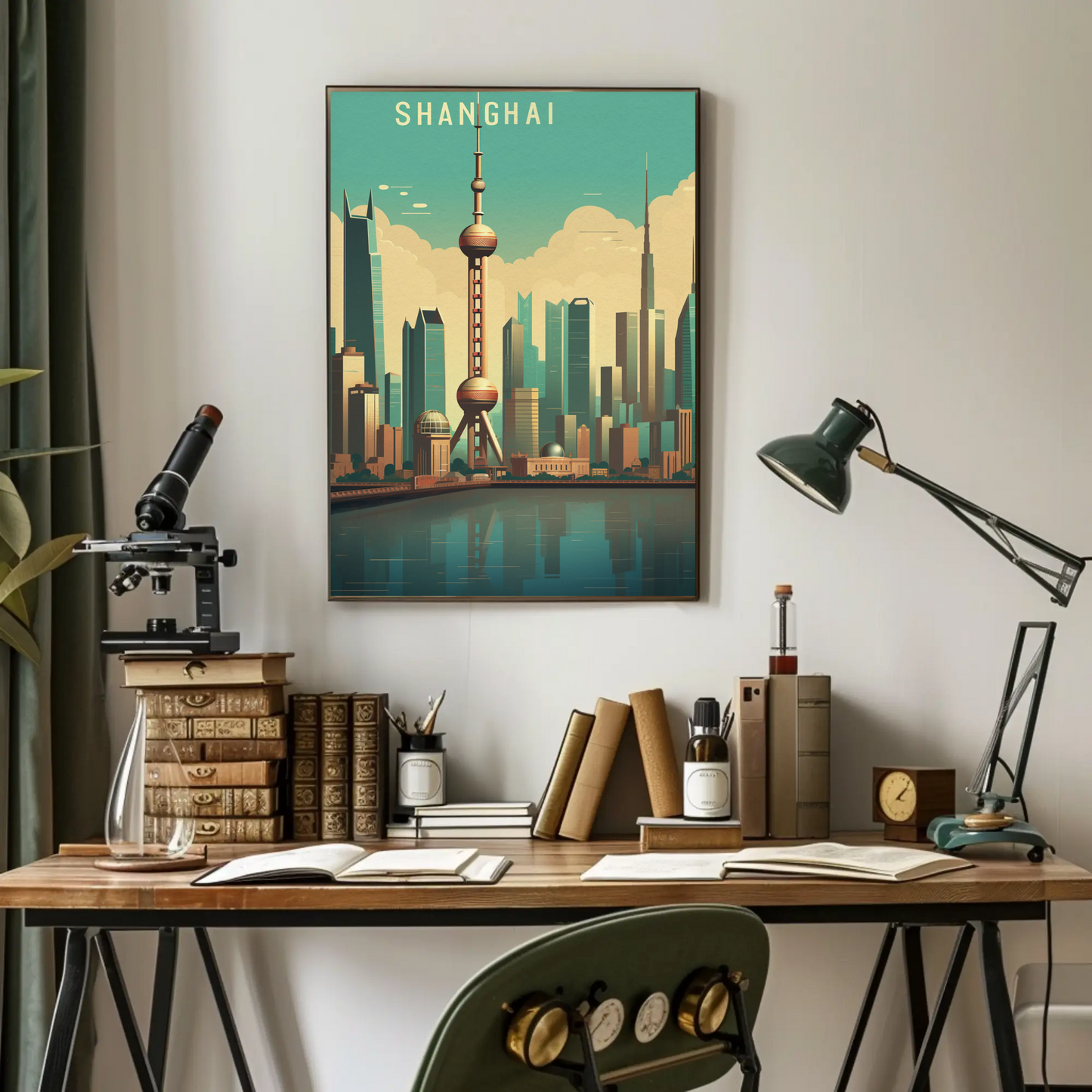 Shanghai China Futuristic Skyline Reflection Travel Poster