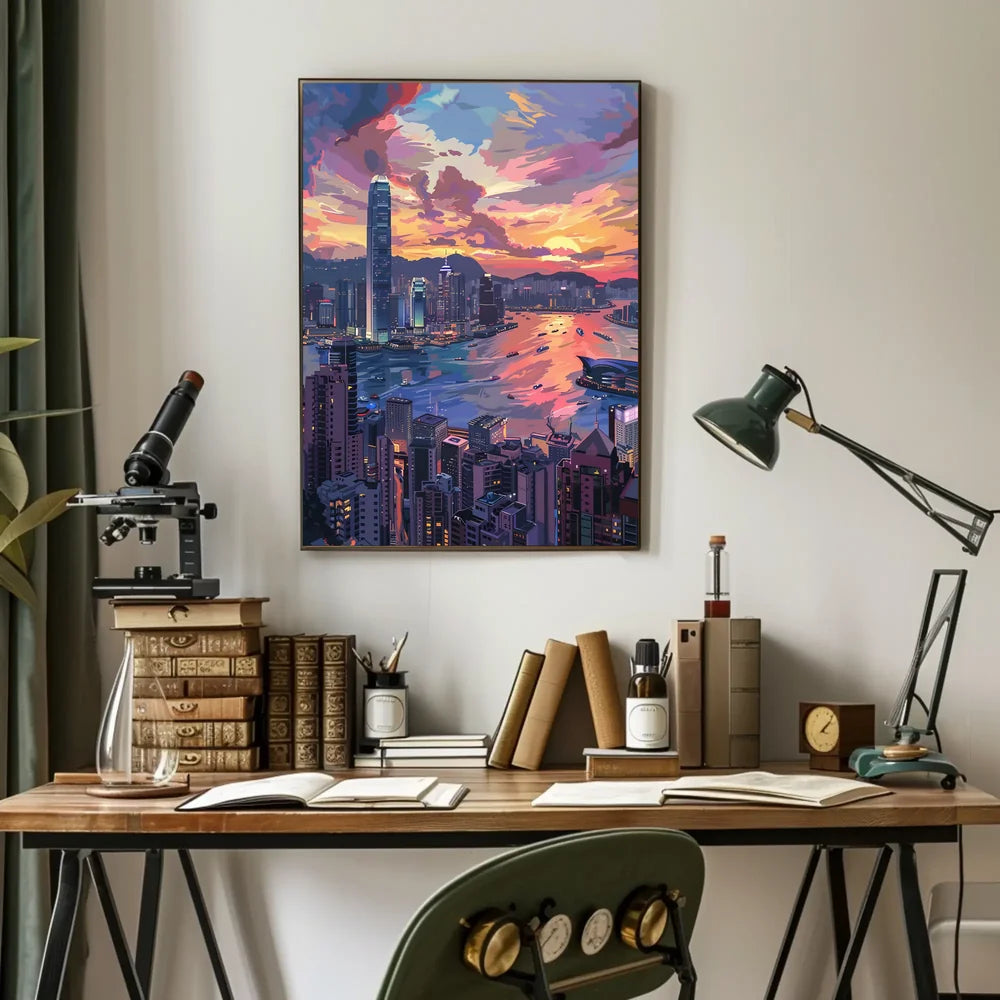 Hong Kong Sunset Cityscape Modern Art Poster