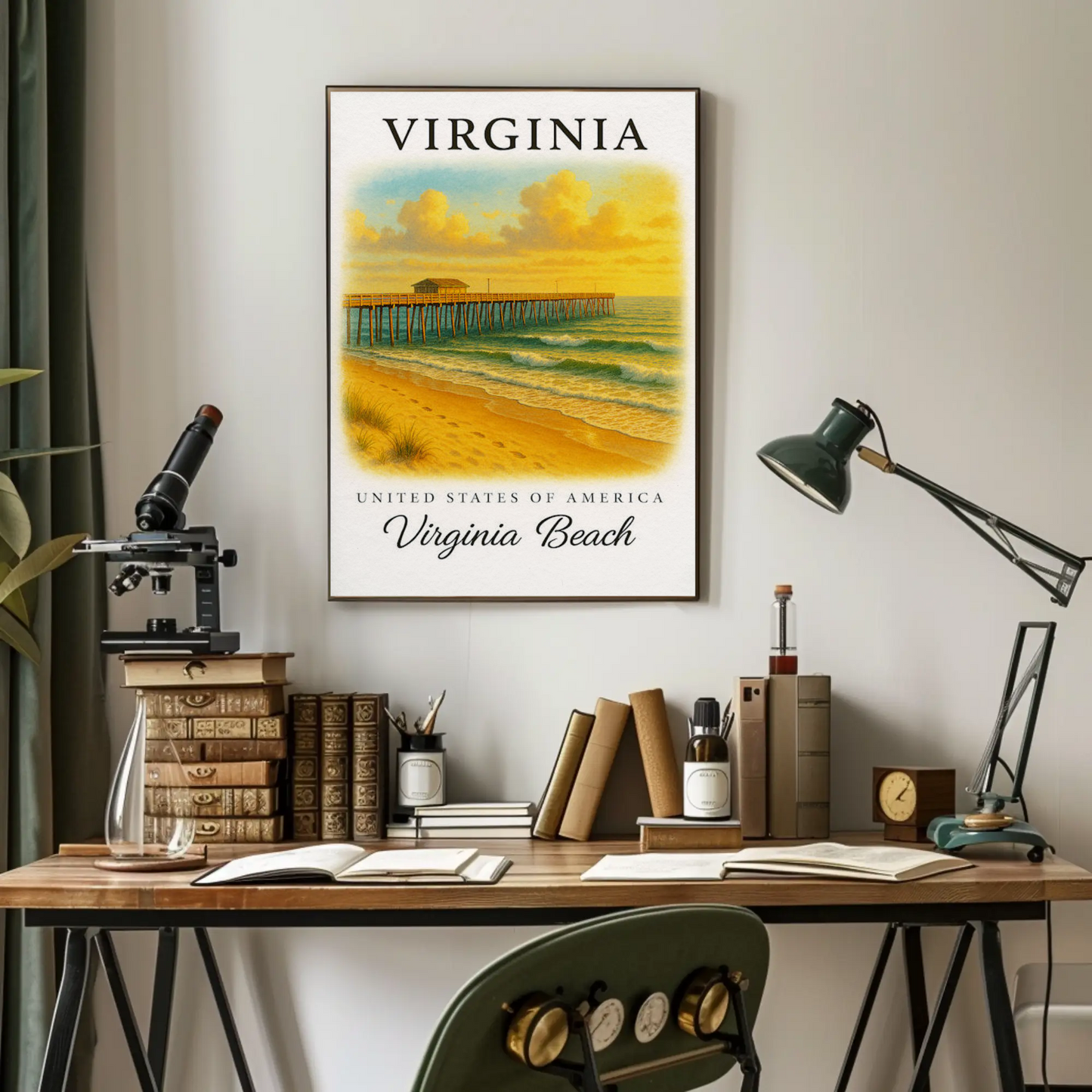 Virginia Beach Pier Ocean Sunset Classic Seaside Travel Poster