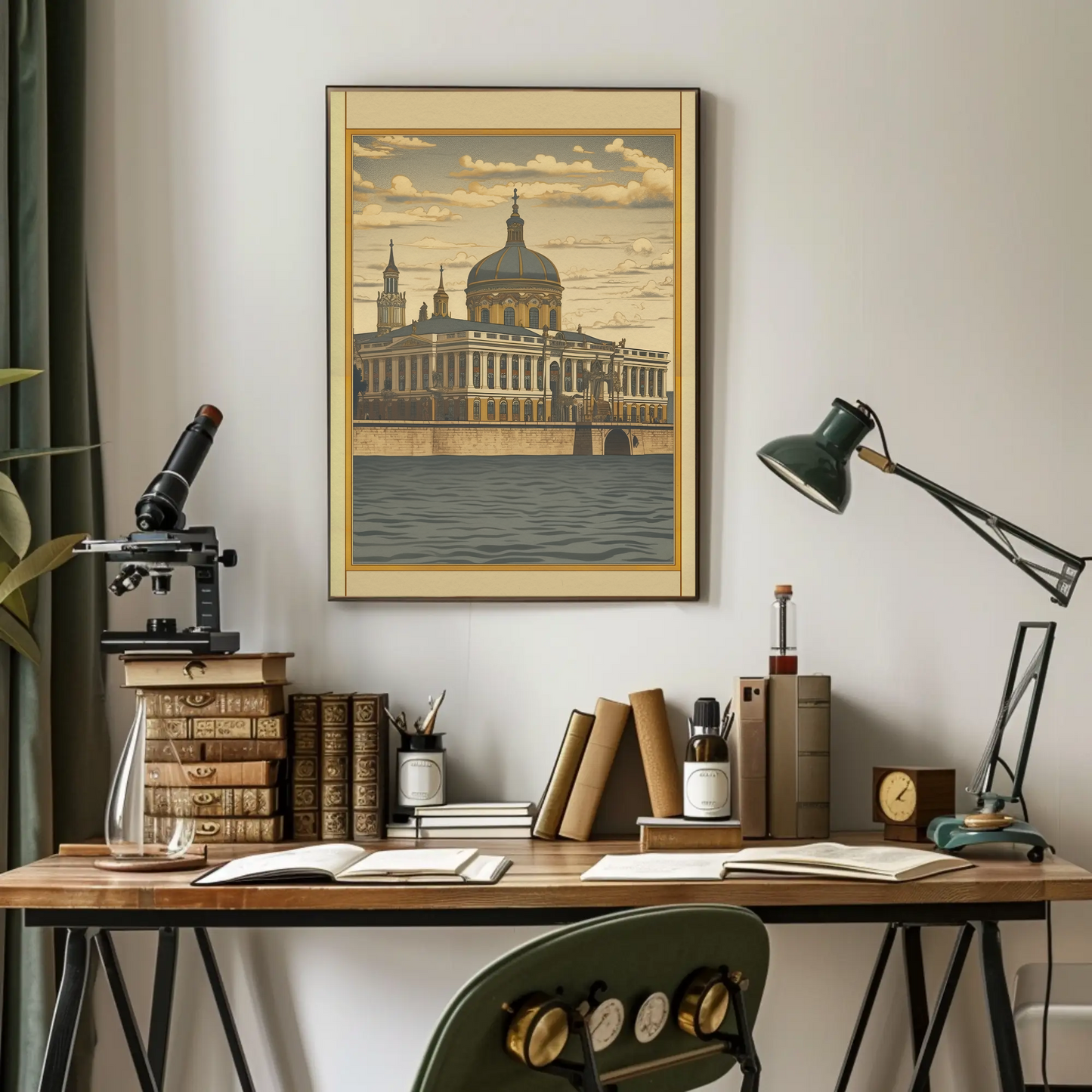 European Riverfront Baroque Palace Travel Poster